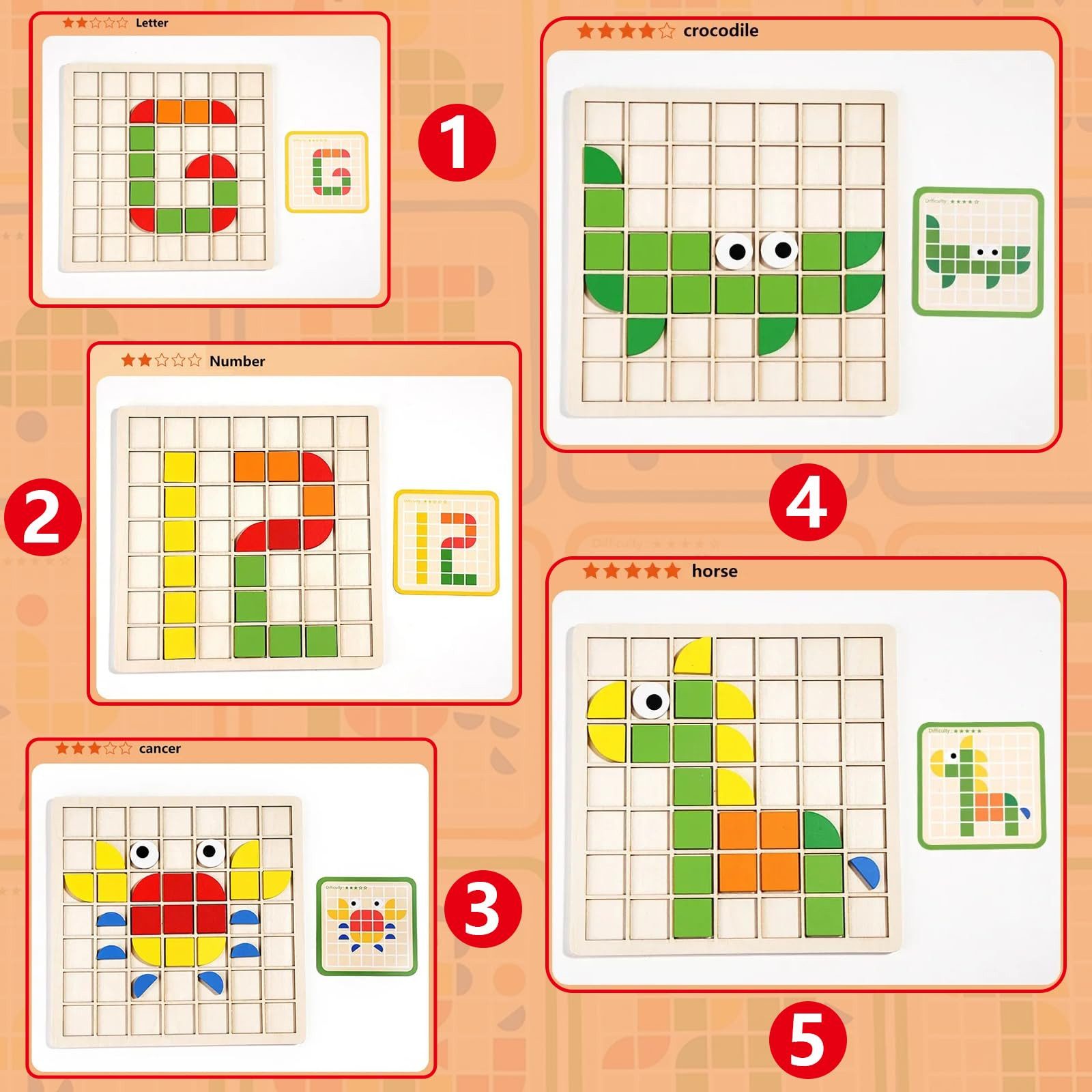 CLTYQ 3D-Puzzle 120pcs Kreative Mosaik-Puzzle,Hölzerne Muster Blöcke Set, Puzzleteile, Form Matching Game,Montessori Spielzeug ab 3 4 5 6 Jahre