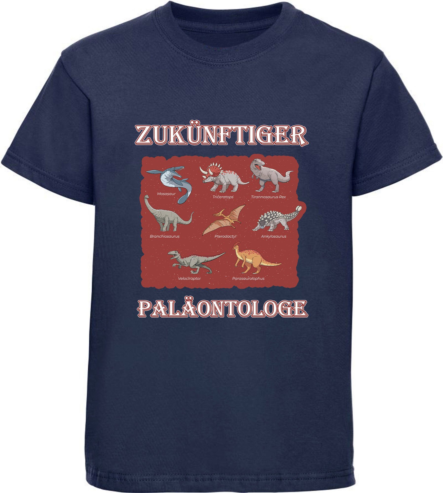 MyDesign24 T-Shirt bedrucktes Kinder T-Shirt Paläontologe mit vielen Dinosauriern 100% Baumwolle mit Dino Aufdruck, navy blau i50
