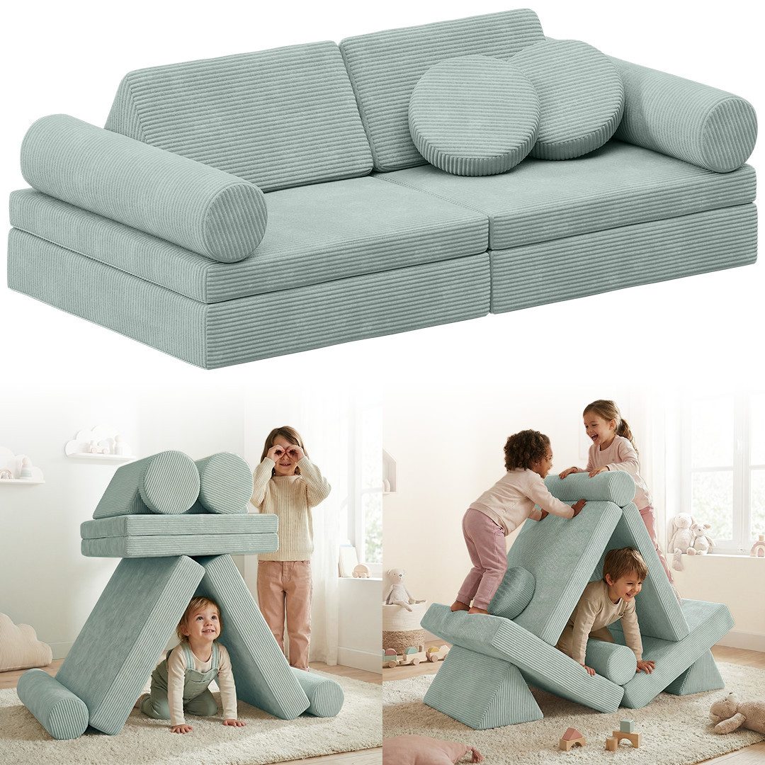 Bellabino Kindersofa Nile aus Schaumstoff Teilen, modulare Kinderspielcouch aus Cord, Türkis, mit Armlehnen, Cordbezug abnehmbar & waschbar, 160x52x75cm, Oeko-Tex zertifiziert