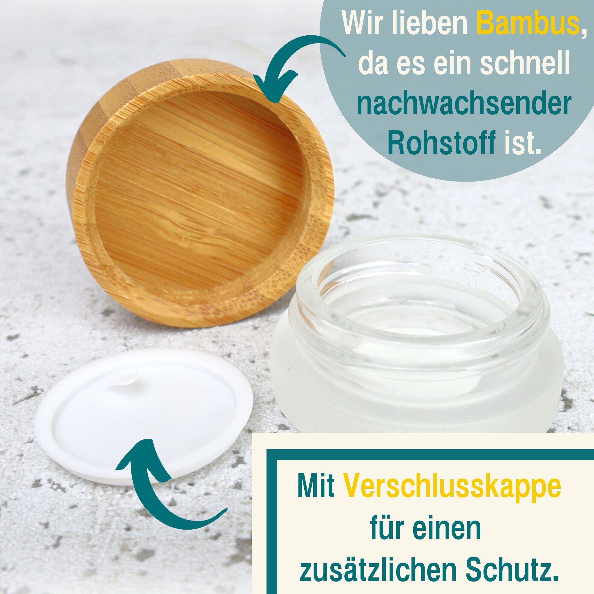 Wachsmann Bienenprodukte Aufbewahrungsdose Hochwertige Glastiegel für DIY Kosmetik, Mit Bambus Deckel & Geschenkverpackung
