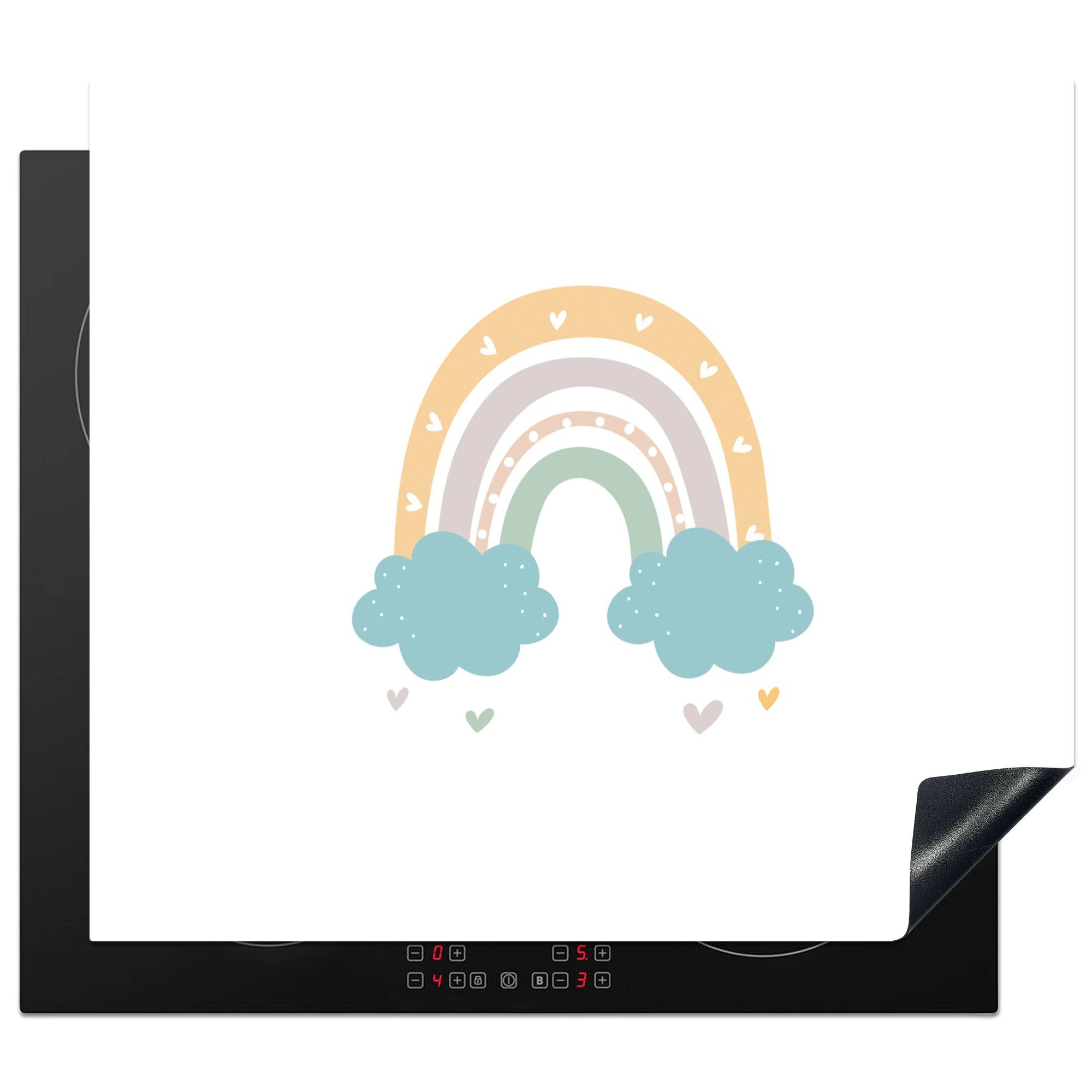MuchoWow Herdblende-/Abdeckplatte Regenbogen - Herzen - Wolken - Punkte - Pastell - Kinder, Vinyl, (1 tlg), 60x52 cm, Mobile Arbeitsfläche nutzbar, Ceranfeldabdeckung