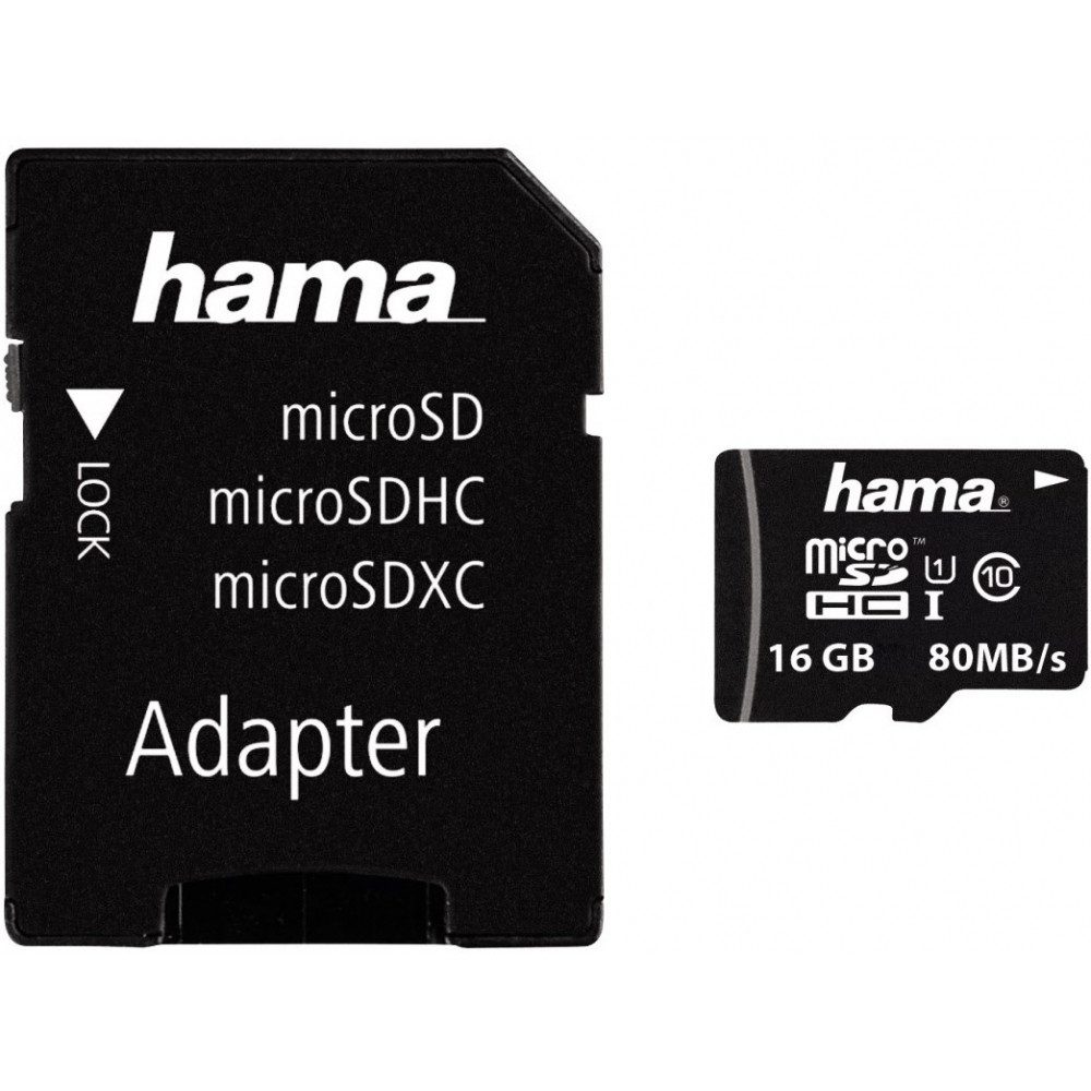 Hama Hama microSDHC 16GB Class 10 + Adapter Micro SD-Karte (UHS-I Schnittstelle für schnelle Übertragung)