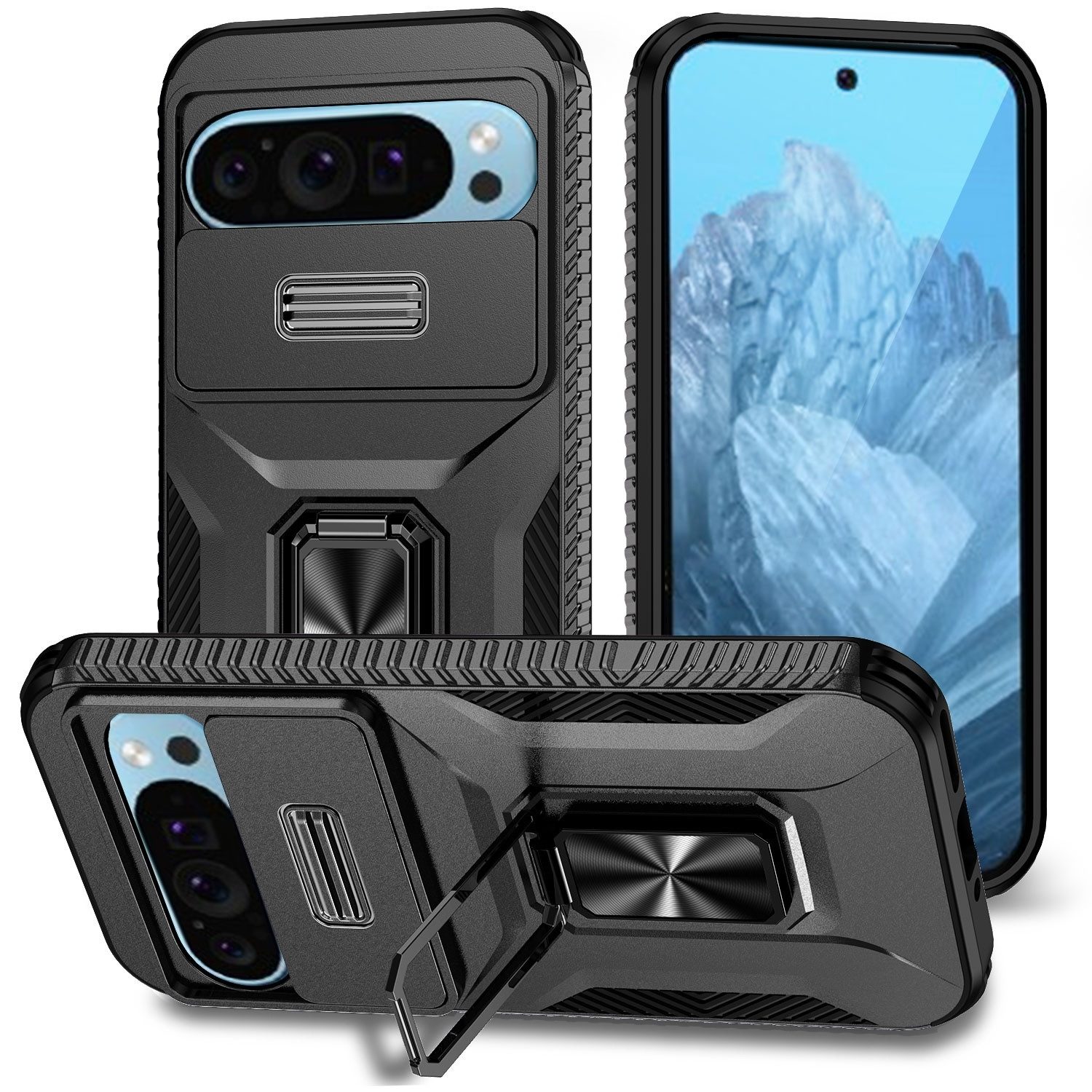 Wigento Handyhülle Für Google Pixel 9 / 9 Pro Sliding Kamera TPU PC Hülle Ring Halterung