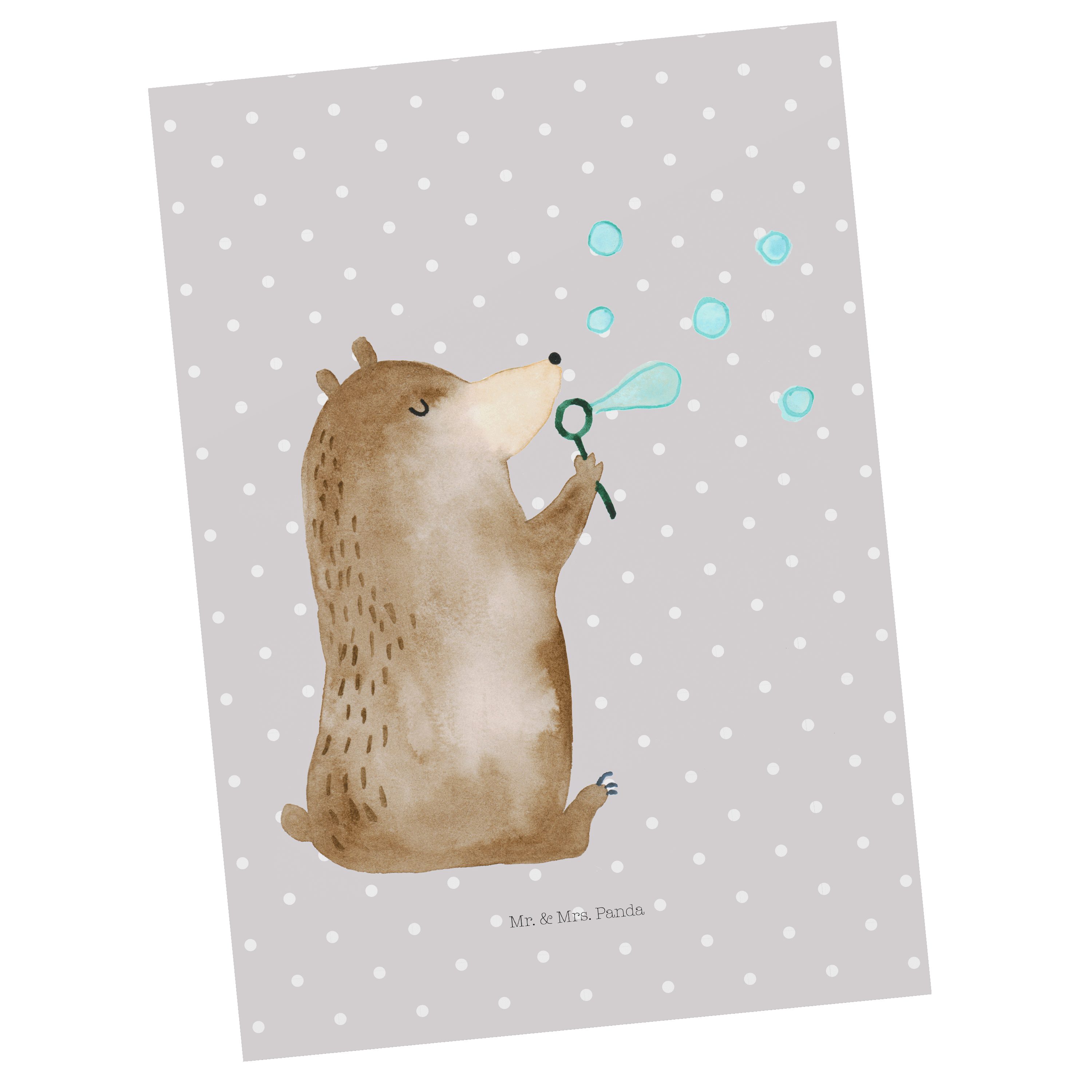 Mr. & Mrs. Panda Postkarte Bär Seifenblasen - Grau Pastell - Geschenk, Geschenkkarte, Grußkarte