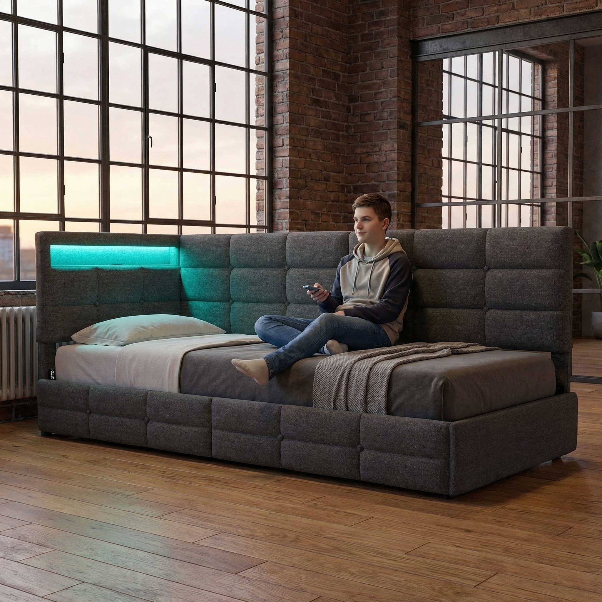 Gdood Polsterbett Daybett Jugendbett Tagesbett (1-tlg., 2 Schubladen, Geeignet für Jungen und Mädchen), Mit LED-Beleuchtung, Ladefunktion, Leinen, 90x200 cm