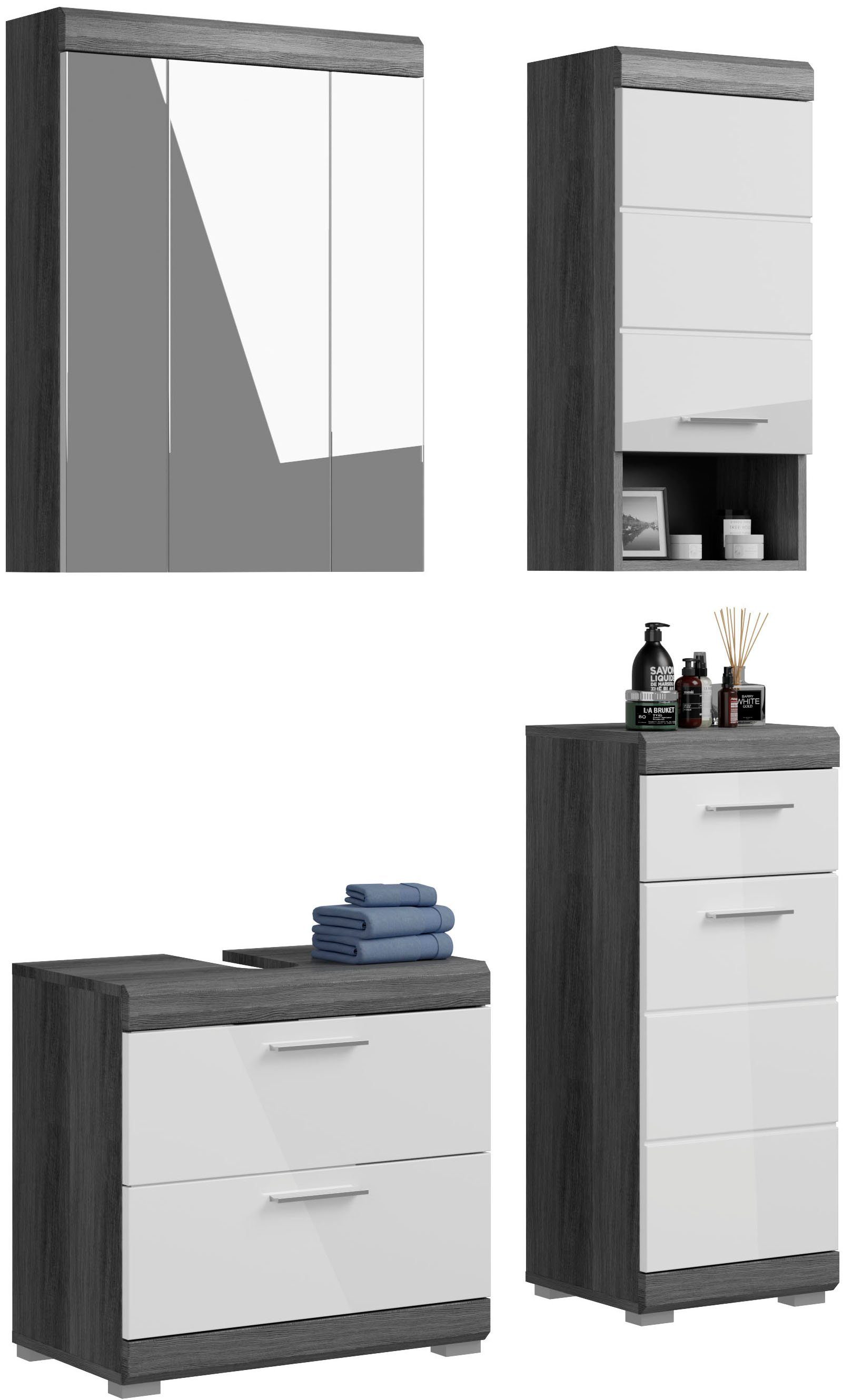 INOSIGN Badmöbel-Set Siena, (Set, der 4-St), Artikeln mit anderen Waschbeckenunterschrank, Spiegelschrank, kombinierbar Unterschrank, Serie Hängeschrank, individuell