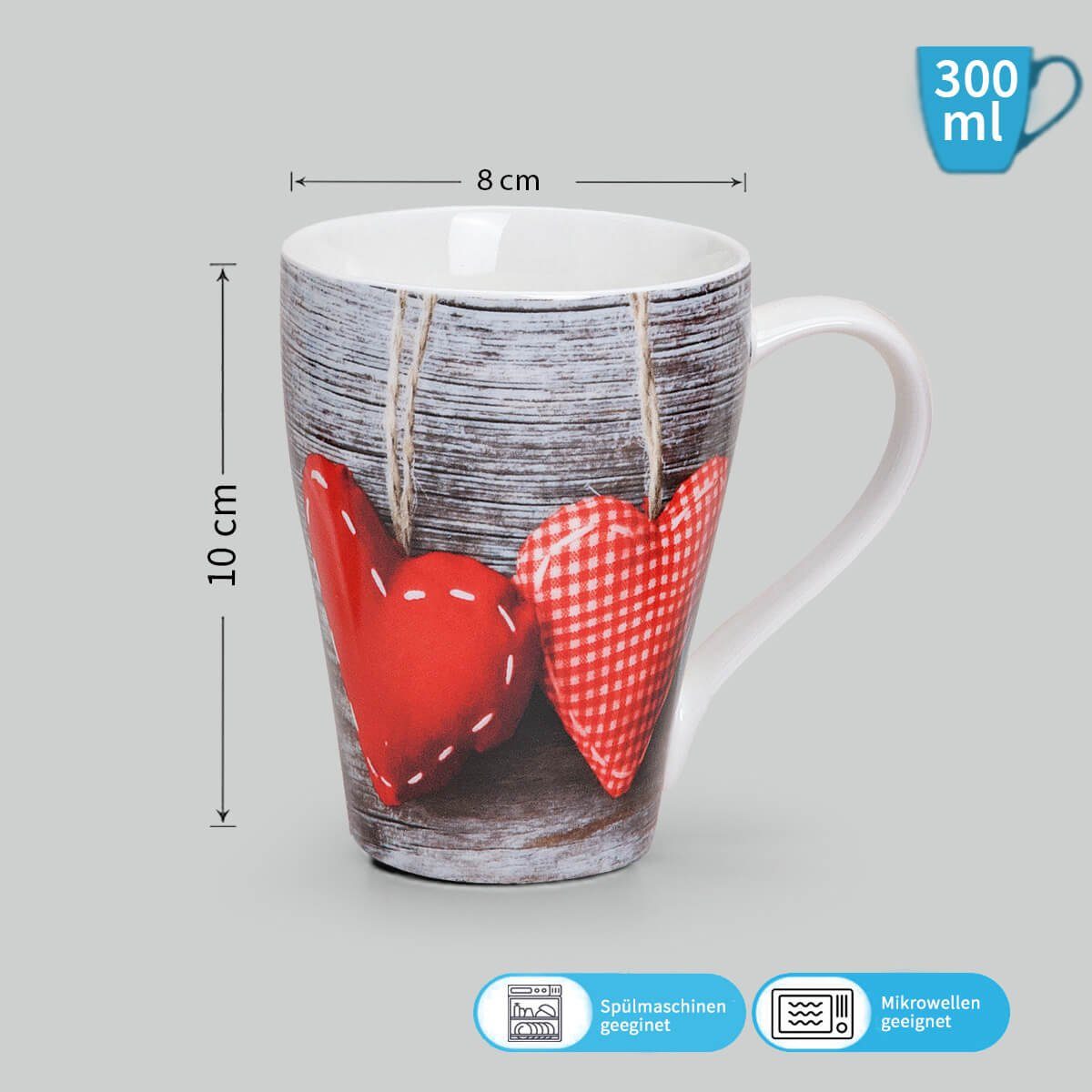 matches21 HOME & HOBBY Tasse Schöne Kaffeetassen 6er Set Holz-Optik Herzen Landhaus-Stil, 6-tlg., Porzellan, Tee Kaffee-Becher, modern, grau rot bunt, 300 ml