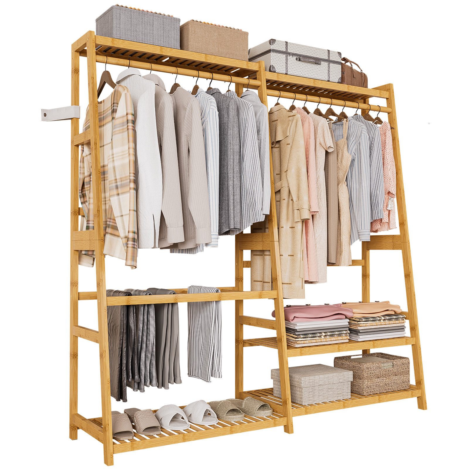 Yorbay Kleiderständer mit Ablage, Garderobenständer aus Bambu Multifunctional, Kleiderständer für Flur, Wohnzimmer, Schlafzimmer