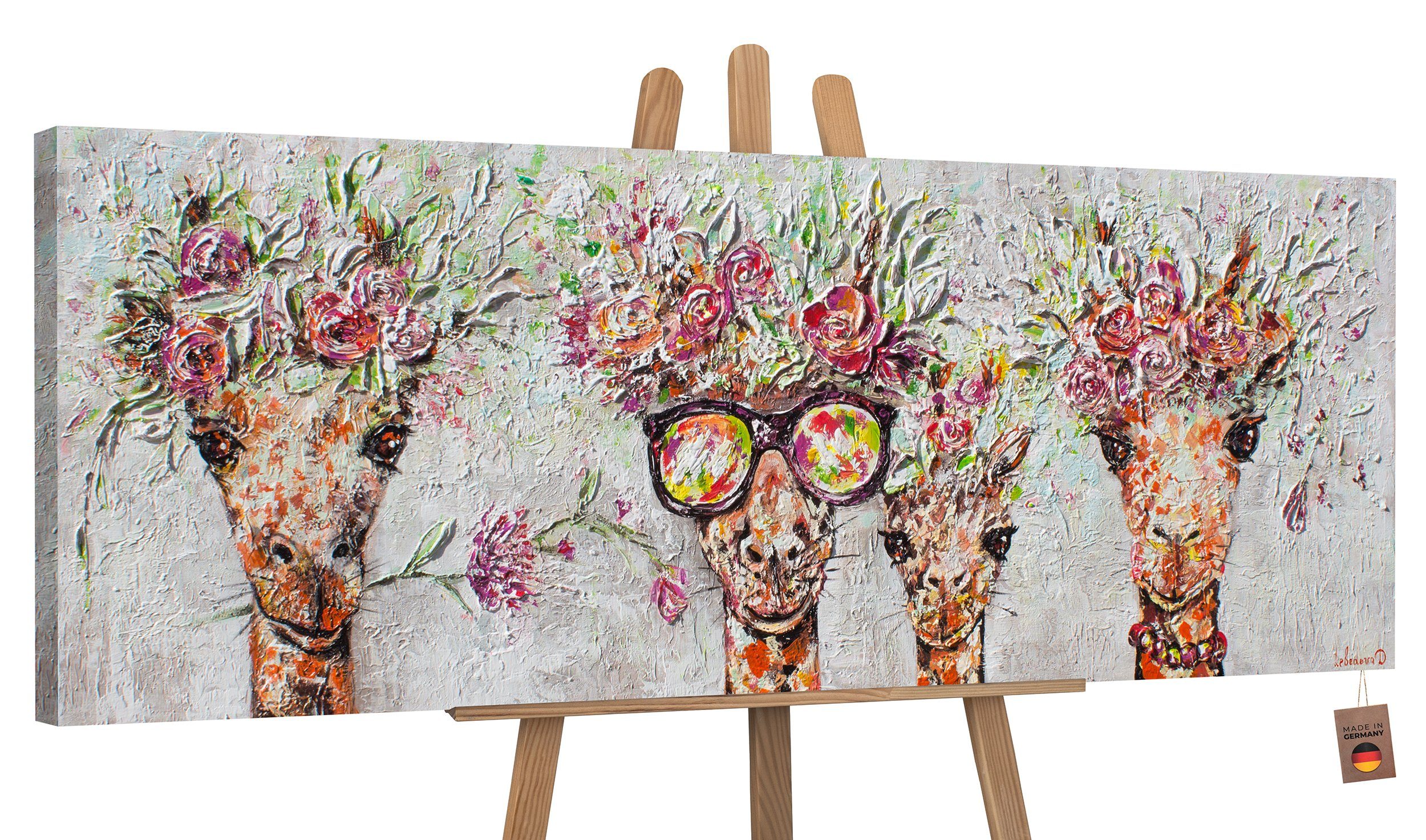 YS-Art Gemälde Giraffen, Tierbilder, Bunte Giraffen Leinwand Bild Handgemalt Brille Braun Blumen Ohne Schattenfugenrahmen