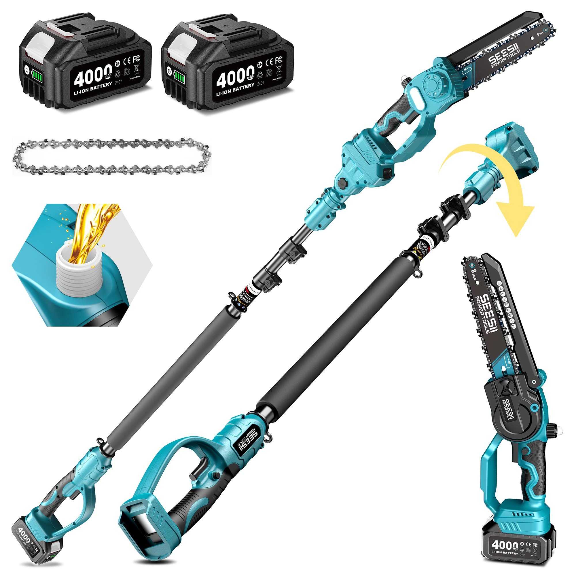 SEESII Akku-Kettensäge 2‑in‑1 Astsäge und Mini Kettensäge, 8 Zoll Bürstenlose Kettensäge, 20,32 cm Schwertlänge, mit 2×4000mAh Akkus, Teleskopstange bis 4,6m, für Baum‑ & Astschnitt sowie Gartenpflege