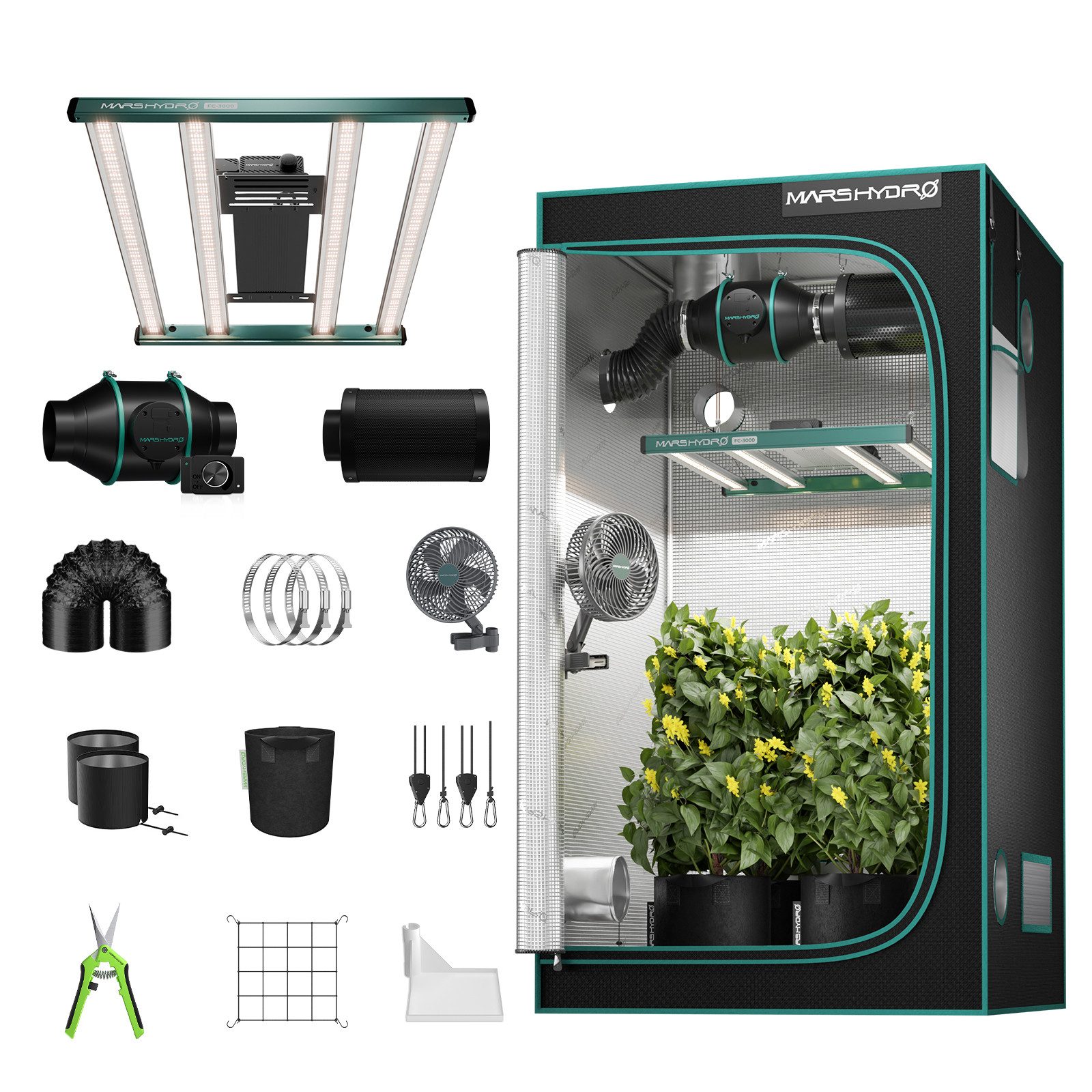 Mars Hydro Gewächshaus Mars Hydro Komplettset FC-Serie, BxTxH: 100 x 100 x 180 cm, BxLxH: 100 x 100 x 180 cm, FC3000 LED 300W und Abluftsystem