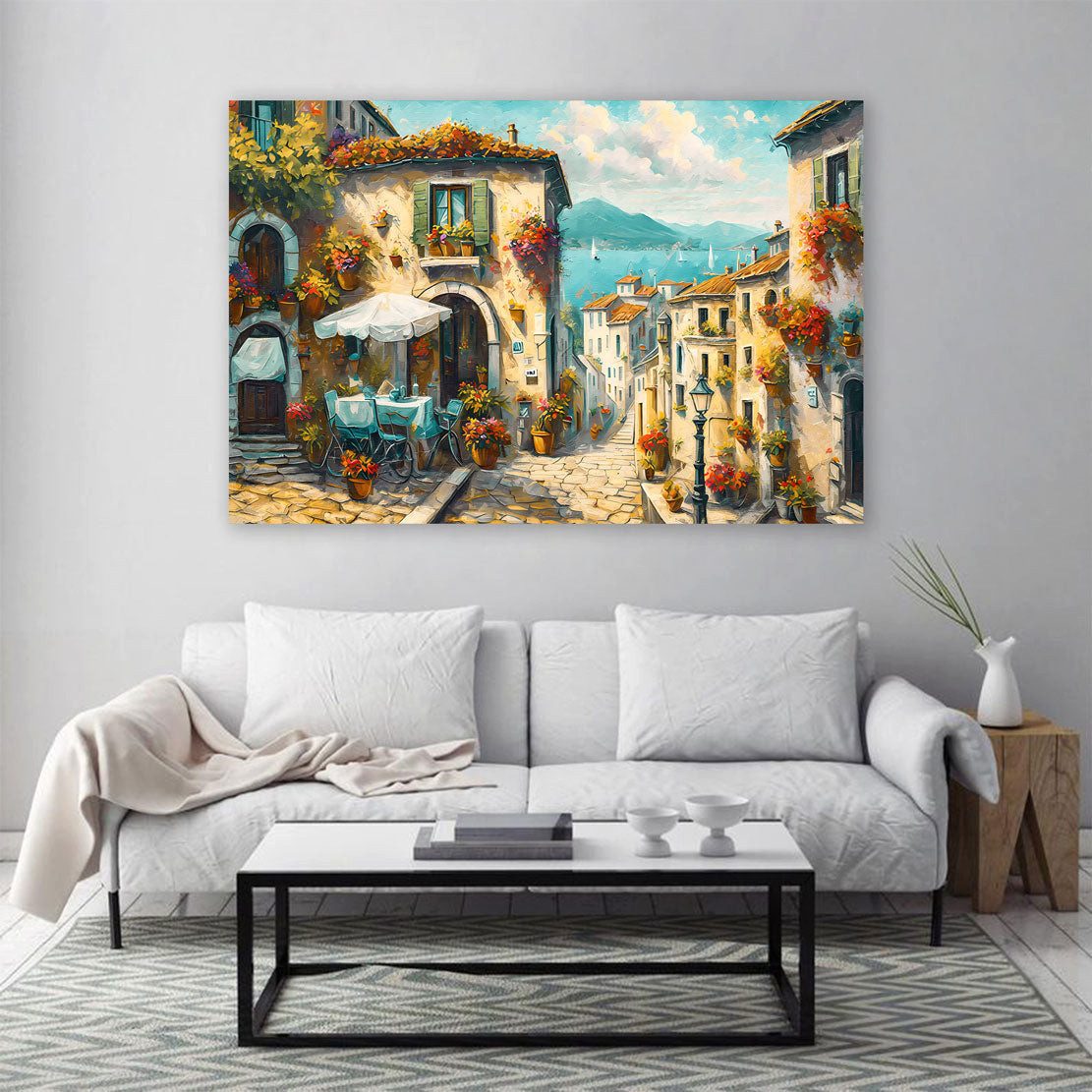 Artedinoi Leinwandbild Bella Italia Gasse Italien Küstenstadt Café Leinwandbild Wandbild Kuns, Italienische Gasse mit Café