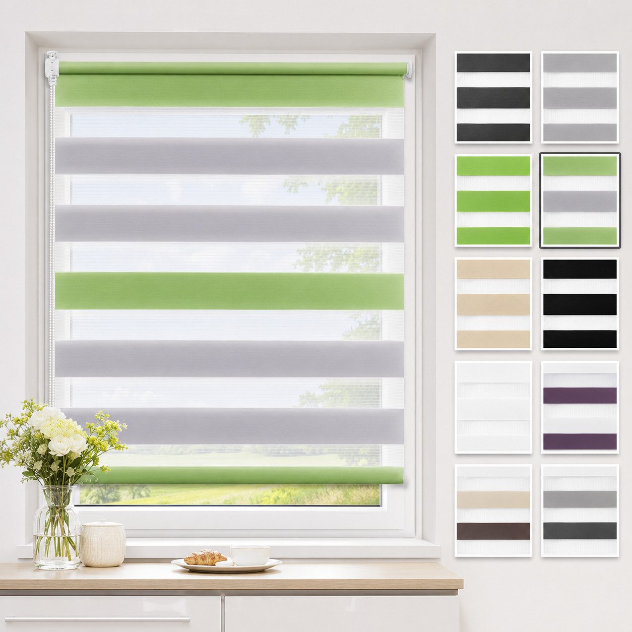 Doppelrollo ohne Bohren 130cm/150cm/230cm, OUBO, freihängend, Klemmfix, rollo für Fenster und Tür mit Klemmträger Lichtschutz und Sichtschutz