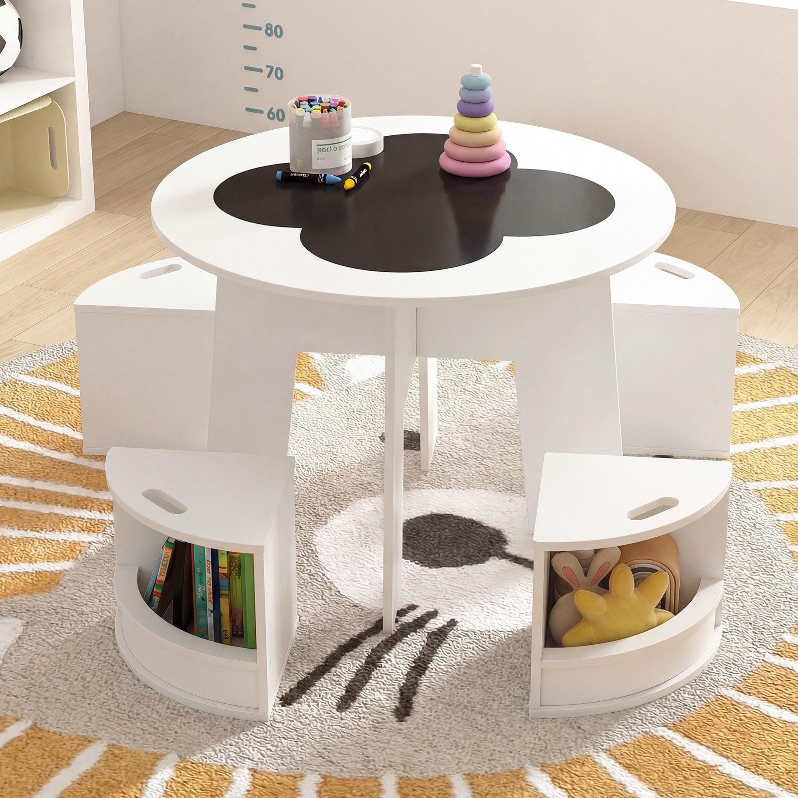 COSTWAY Kindersitzgruppe, (5-tlg., 5 tlg), Kindertisch & 4 Stühle mit Stauraum, platzsparend