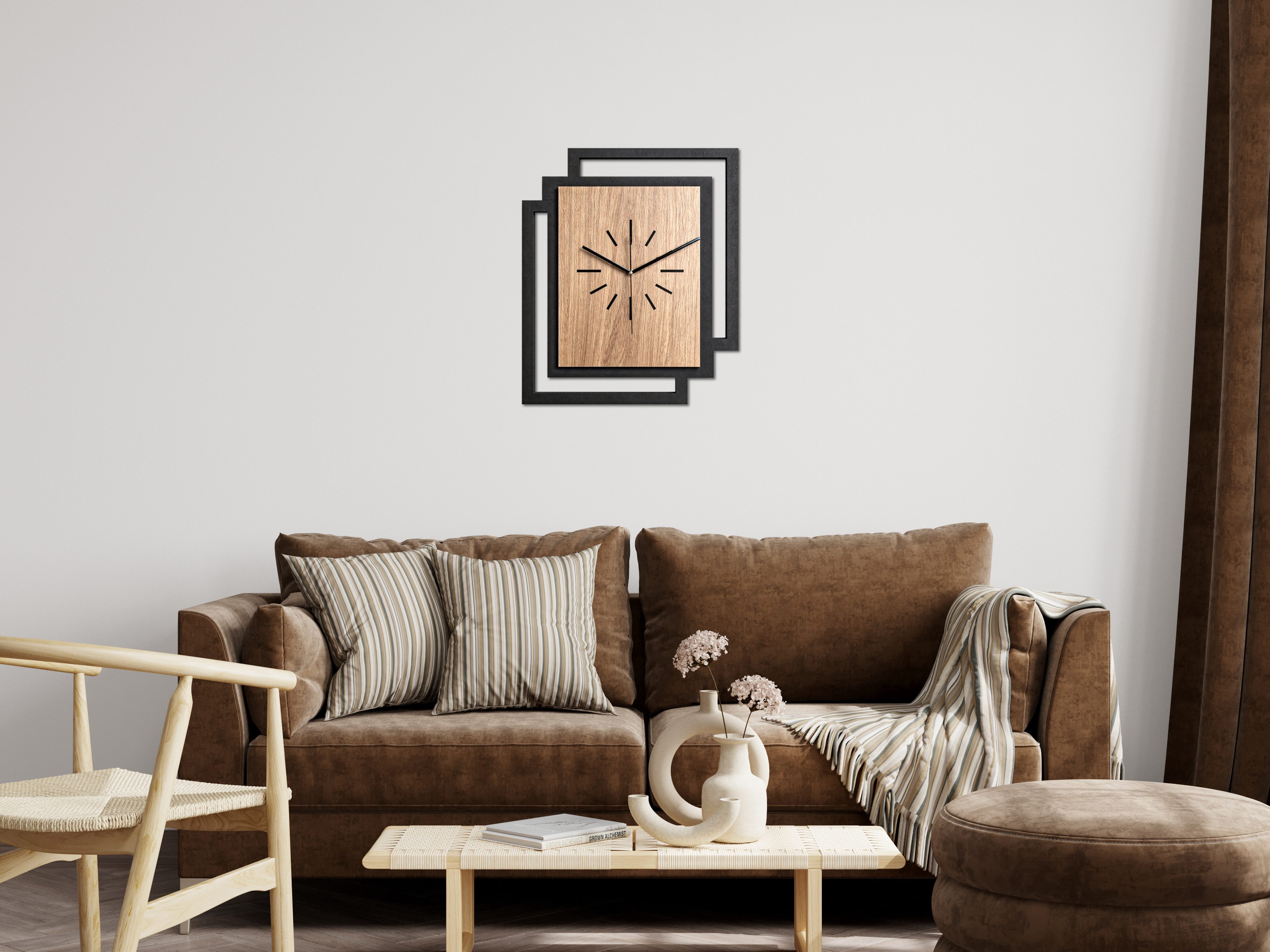 ORNAMENTI Wanduhr Große handgefertigte moderne aus Holz, Hingucker Wanddeko 45 x 55 cm (Rechteckig vertikal ohne Tickgeräusche für Wohnzimmer, ohne Ziffern)