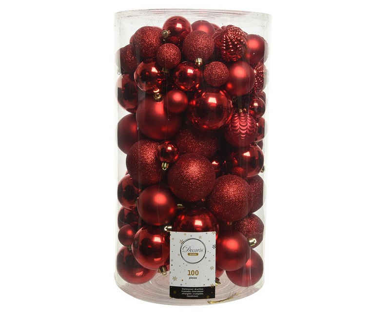 Decoris season decorations Weihnachtsbaumkugel, Weihnachtskugeln Kunststoff Mix 4-8cm weihnachtsrot, 100er Set