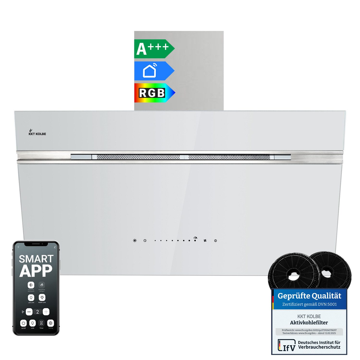 KKT KOLBE Wandhaube Dunstabzugshaube 90cm AURORA9005WED RGBW Ambientebeleuchtung Dunstabzugshaube 90cm AURORA9005WED RGBW Ambientebeleuchtung, Kopffreihaube / Umluft / Abluft / Smart WiFi-App / Weiß / Glas