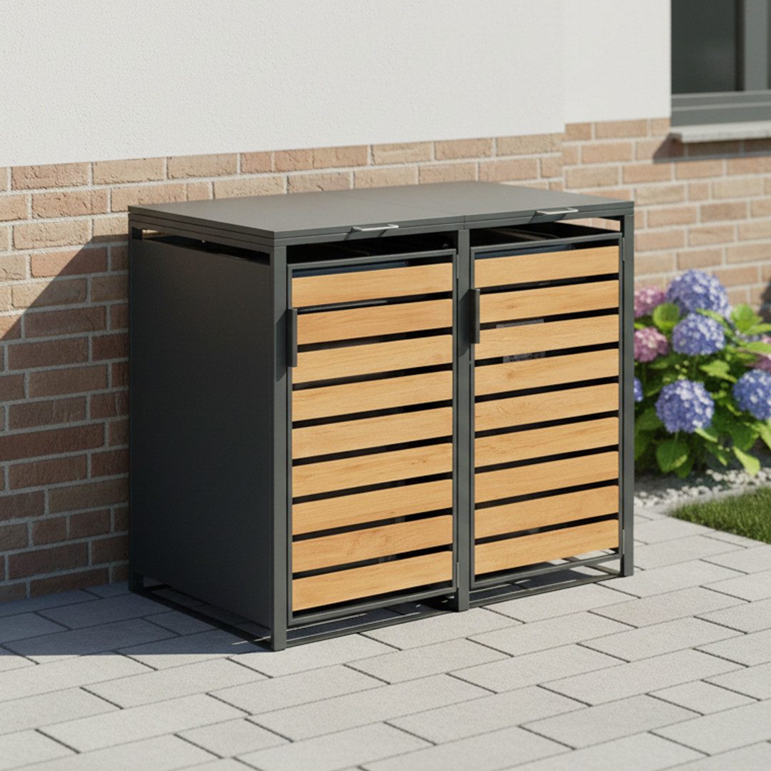 STEELSØN Mülltonnenbox Kestra 120L aus verzinktem Stahl (Anthrazit/Holz, Für 2 Tonnen), verfügbar mit 1, 2, 3, 4 oder 5 Türen, mit Sichtstreifen Holzoptik