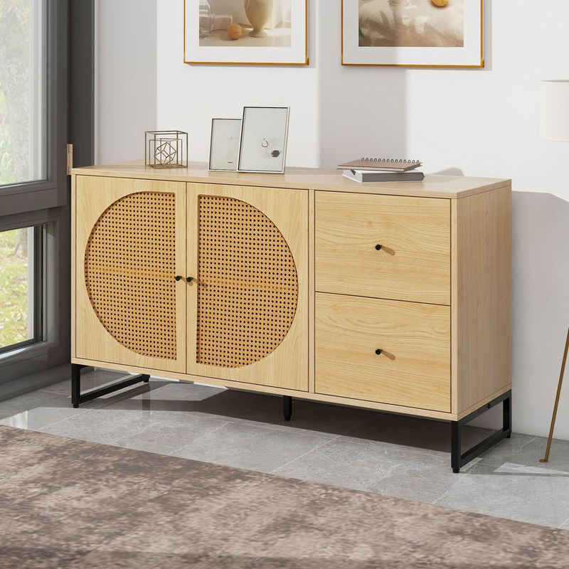 BlingBin Sideboard Kommode Küchenschrank Highboard (1 St), mit 2 Rattan verzierten Türen und 2 Schubladen, 130*40*75CM