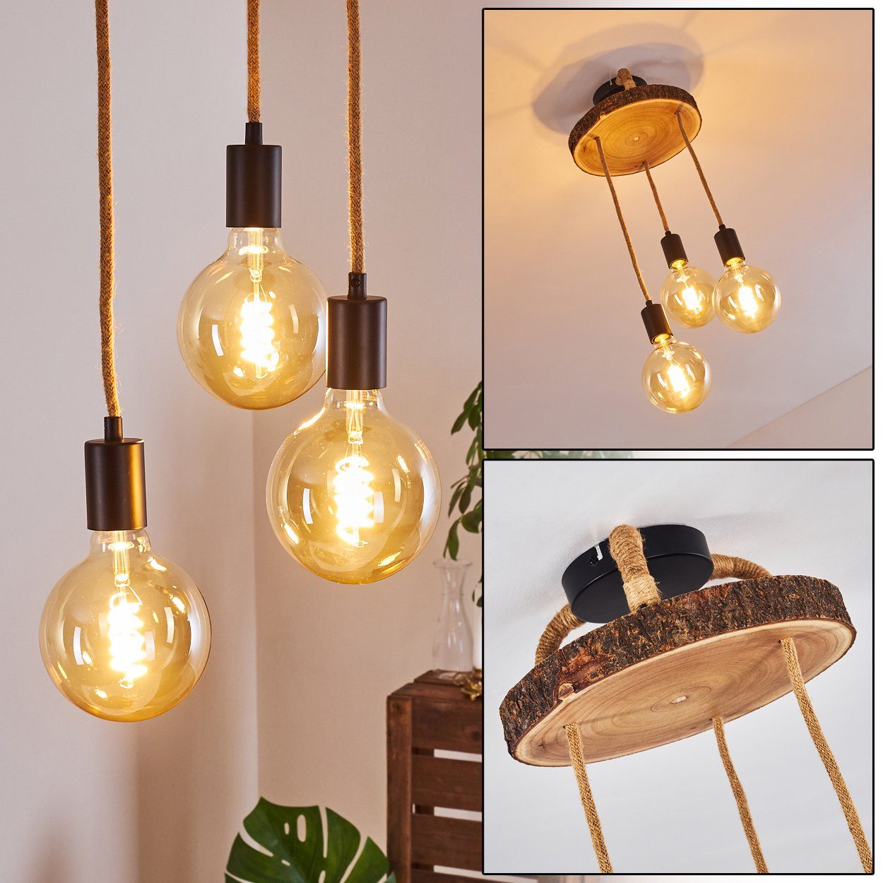 hofstein Deckenleuchte »Spogna« Deckenlampe aus Metall/Holz/Hanfseil in Schwarz/Natur, ohne Leuchtmittel, 3xE27, Leuchte mit runder Baumscheibe im Retro/Vintage-Design