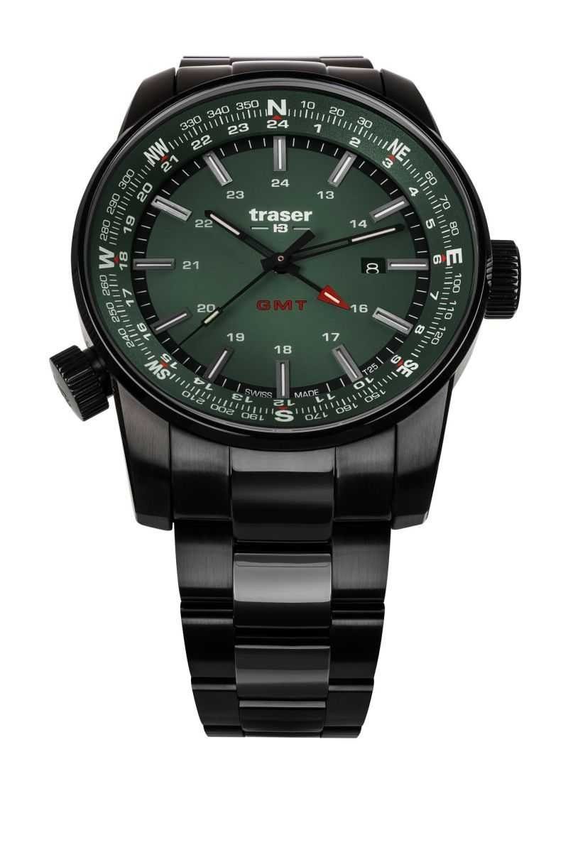 Traser Quarzuhr P68 Pathfinder GMT Grün Herrenuhr 109525 Edelstahlband 46 mm, mit trigalight® Selbstleucht-Technologie