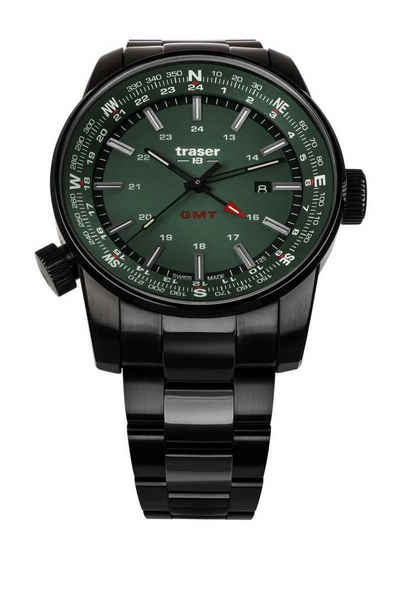 Traser Quarzuhr P68 Pathfinder GMT Grün Herrenuhr 109525 Edelstahlband 46 mm, mit trigalight® Selbstleucht-Technologie