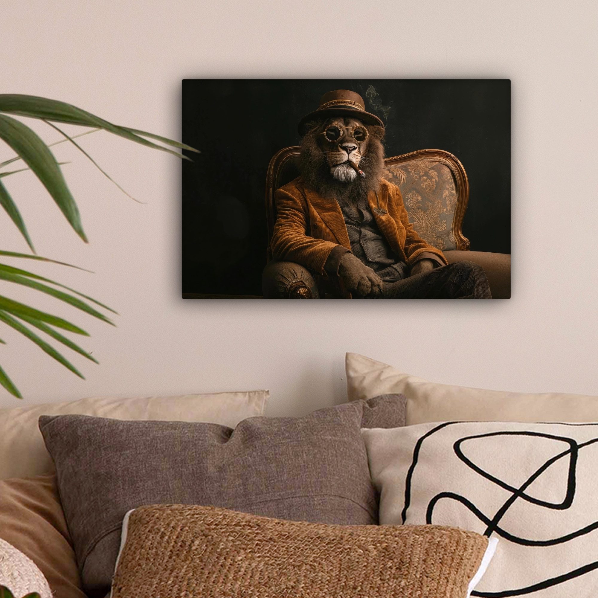 OneMillionCanvasses® Leinwandbild Brille - Löwe - Bank - Hut, Fotodruck (1 günstig online kaufen