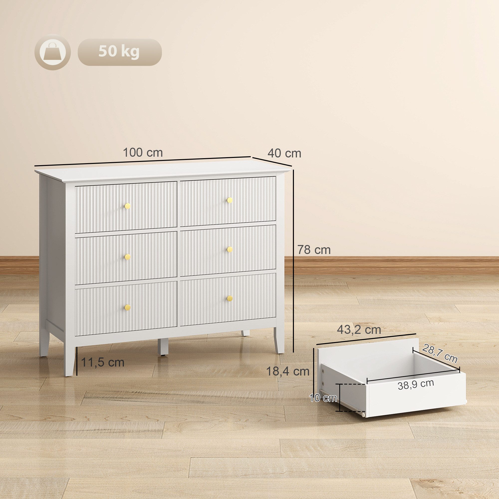HOMCOM Kommode Schubladen Schrank für Wohnzimmer Schlafzimmer Flur 40x78cm Weiß (Sideboard mit 6 Schubladen, 1 St., Moderner Aufbewahrungsschrank), Breite 100 cm