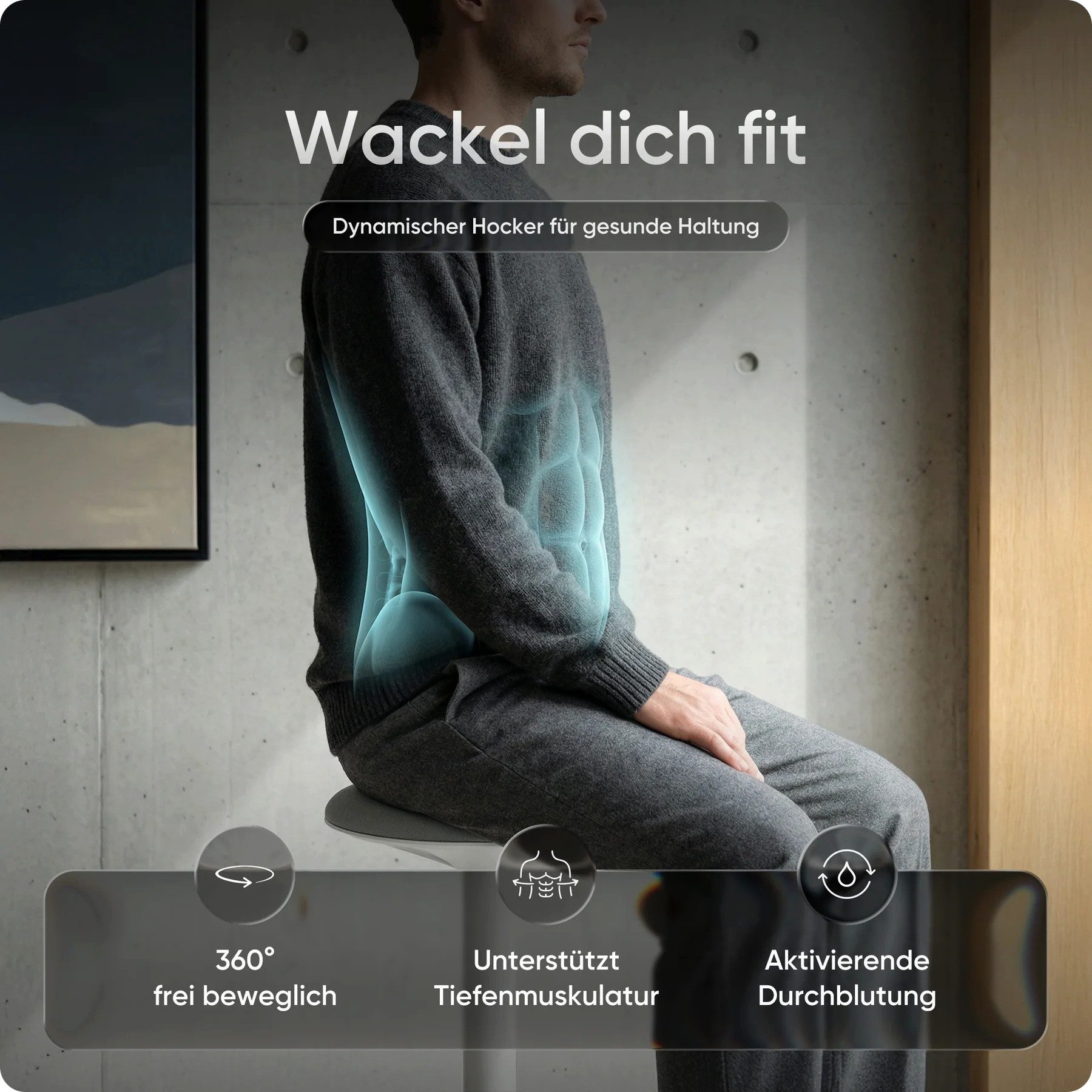 DESKSPACE Drehhocker Motion Ergonomischer Stehhocker - Höhenverstellbarer Bürohocker (Einzelartikel), Höhenverstellbarer Stehhocker mit ergonomischem Sitzkomfort