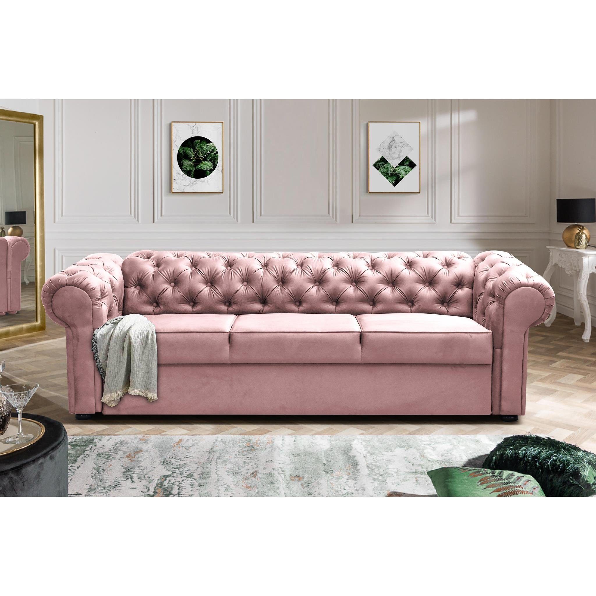 Beautysofa 3-Sitzer Chester, Sofa mit Steppung, Dreisitzer Sofa aus Velours, mit Relaxfunktion Puderrosa (kronos 27)