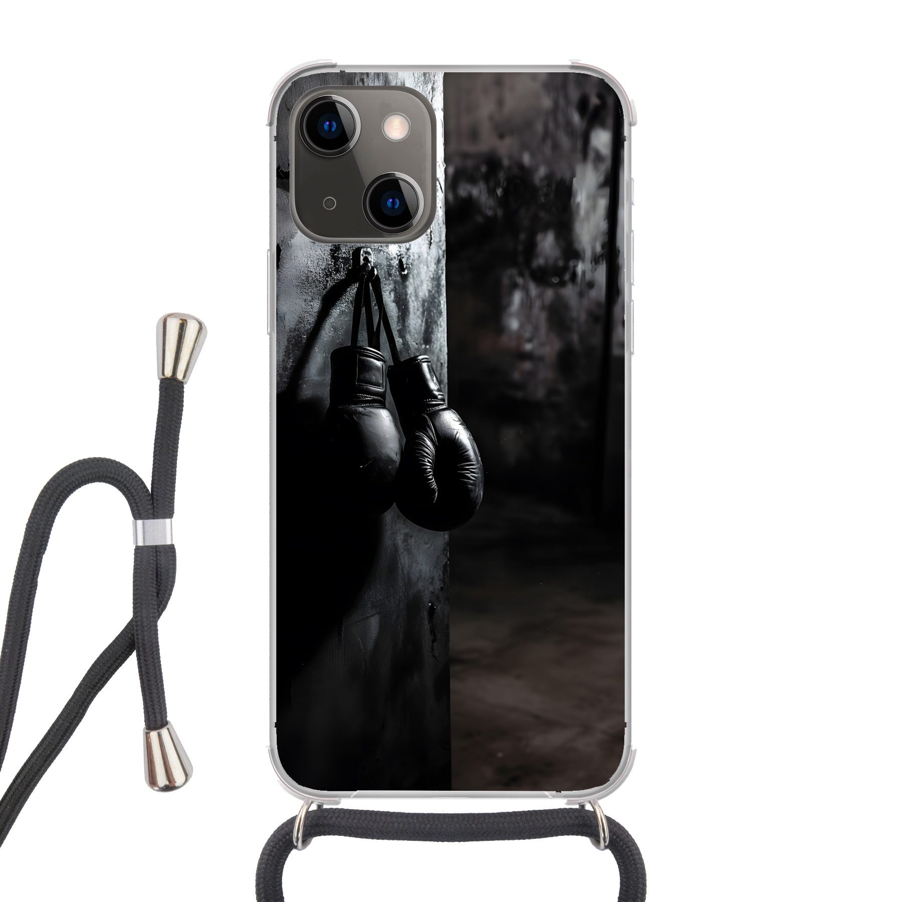MuchoWow Handyhülle für Apple iPhone 13 Boxhandschuhe - Wand - Dunkel - Schwarz, Tragbare Handyhüllen mit Kette zum umhängen, Handykette Handyband