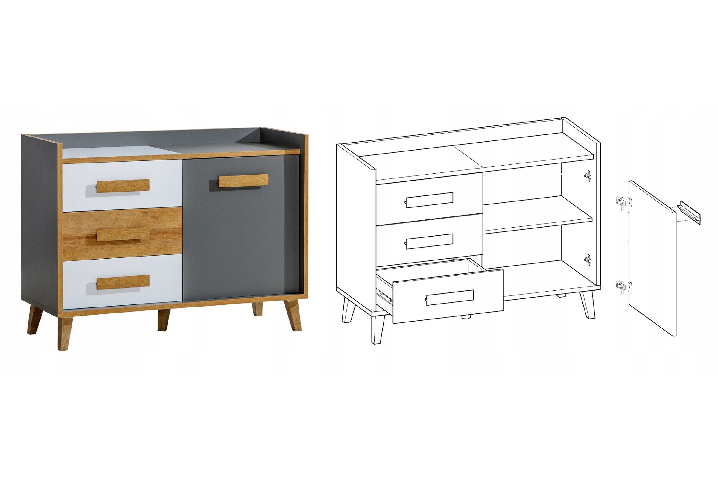 Deine Möbel 24 Kommode WILLY 6 Sideboard mit 3 Schubladen 120 cm breit (Set, 2 St., für Jugendzimmer Kinderzimmer Schlafzimmer Wohnzimmer), in Weiß Matt / Anthrazit / Eiche Scandi Still