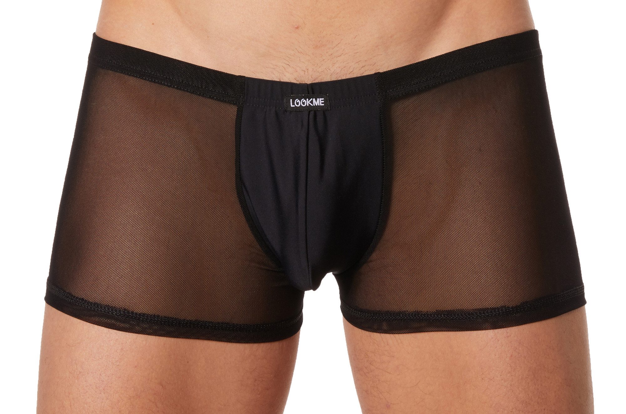 Boxershorts Schwarzer Herren Boxer Short aus Kunstelder und Tüll teiltransparent