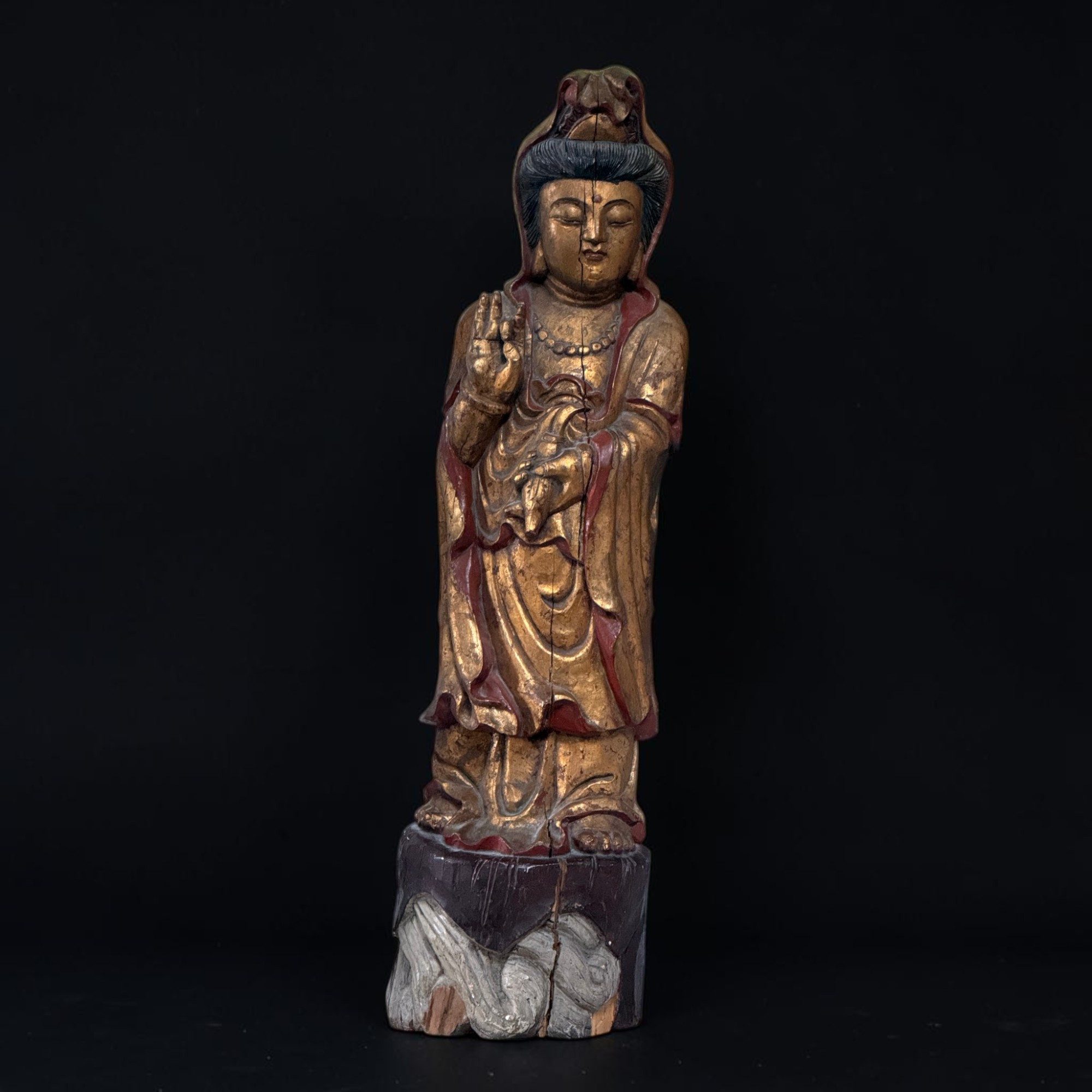 Asien LifeStyle Buddhafigur Guanyin Holzfigur China 19. Jh., vergoldet, Kwan Yin Skulptur 98 cm