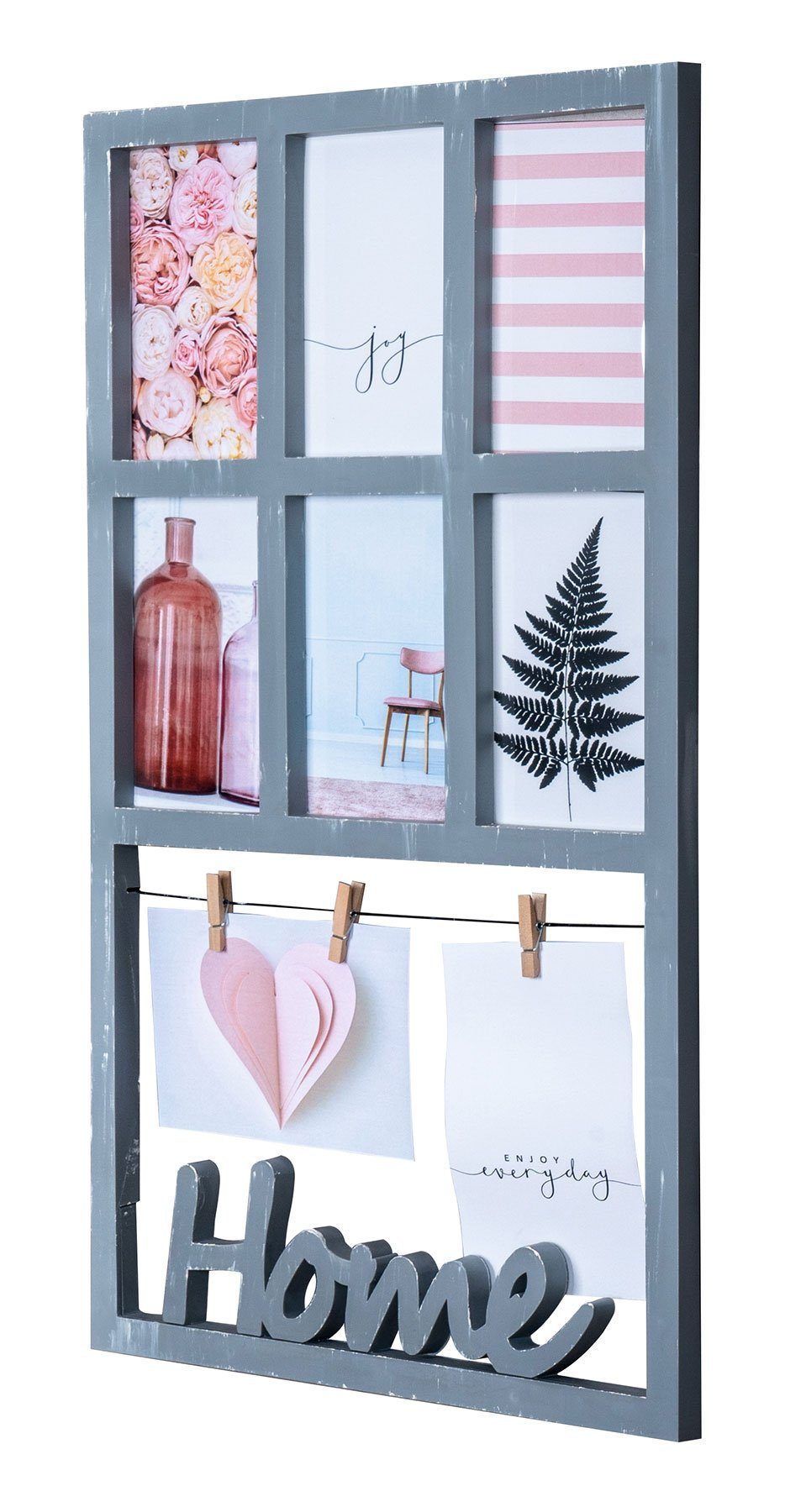 Levandeo® Bilderrahmen Collage, Bilderrahmen H56cm 6 Fotos Grau Home Klammern Shabby Chic Fotorahmen