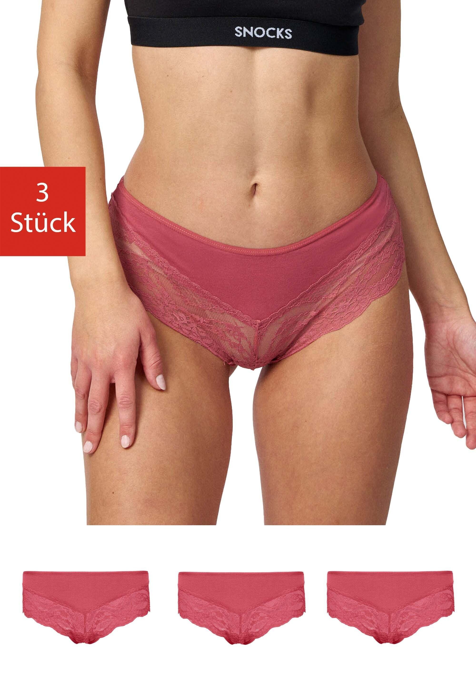 Slip (3-St) Spitze, Unterwäsche und mit bequem elegant Damen Mauve Unterhosen Hipster SNOCKS