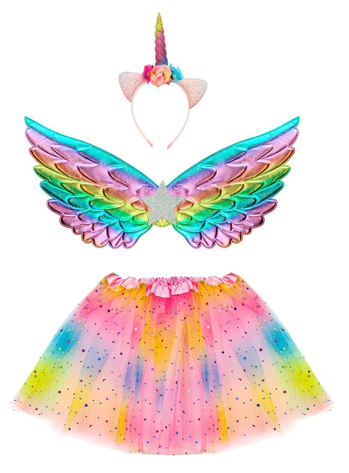 Widdmann Kostüm Einhorn Set - Karneval Faschingskostüm Kinder, Regenbogenbuntes Set aus Rock, Flügeln und Kopfschmuck