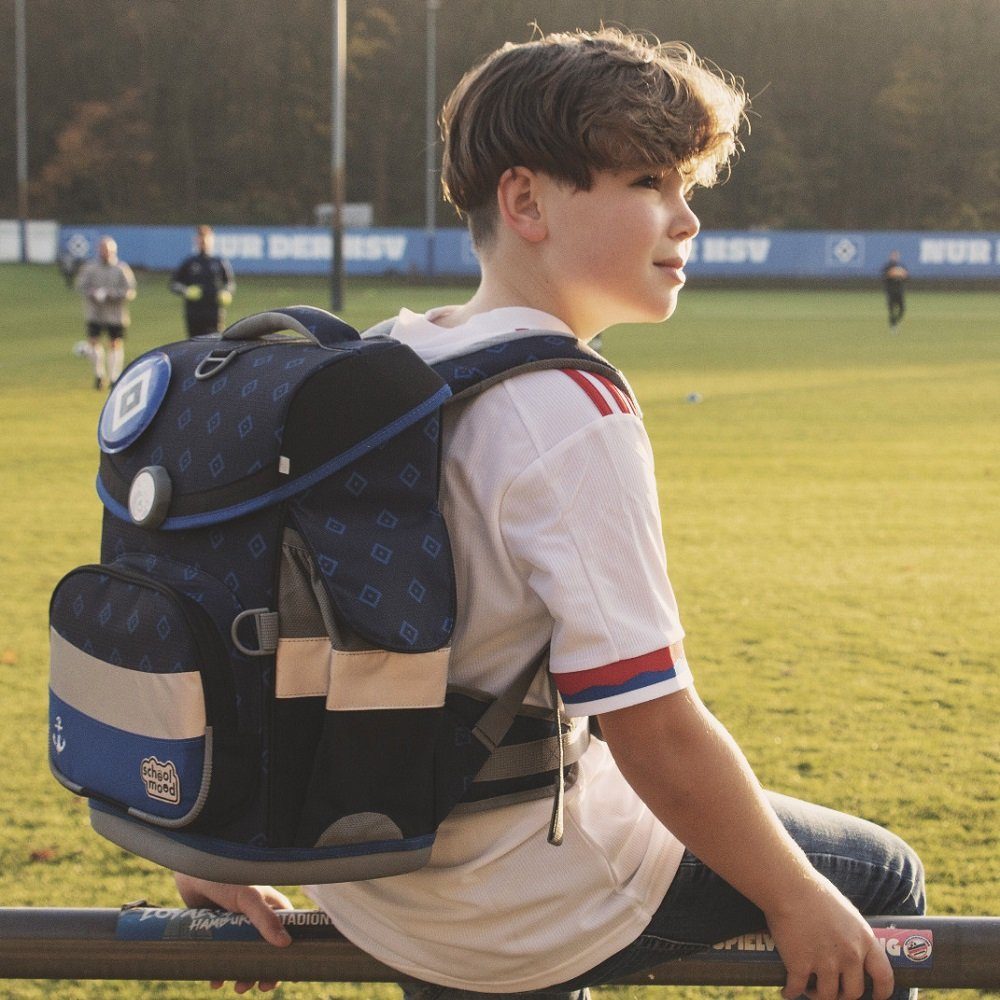 SCHOOL-MOOD® Schulranzen Timeless Air+ für Jungen von der 1. bis 4. Klasse (Set, 6-tlg), im HSV Stil mit passenden Patchies