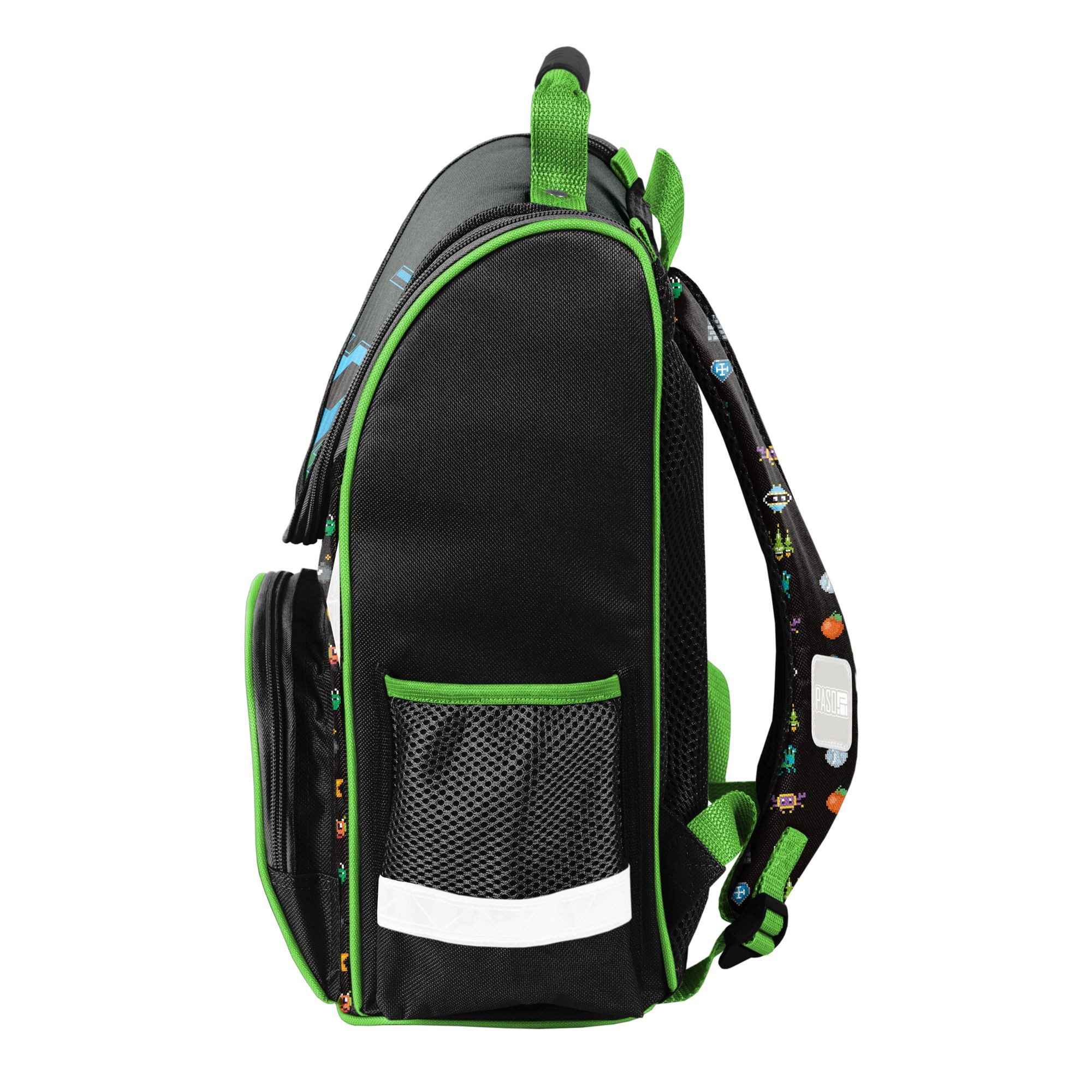 PASO Schulranzen SCHULSET: RANZEN + TURNBEUTEL + BEFÜLLTE FEDERMAPPE - LEVEL UP! (3-teilig, Gaming / Gamer), schwarz, grün, blau – Bild 5 von 5