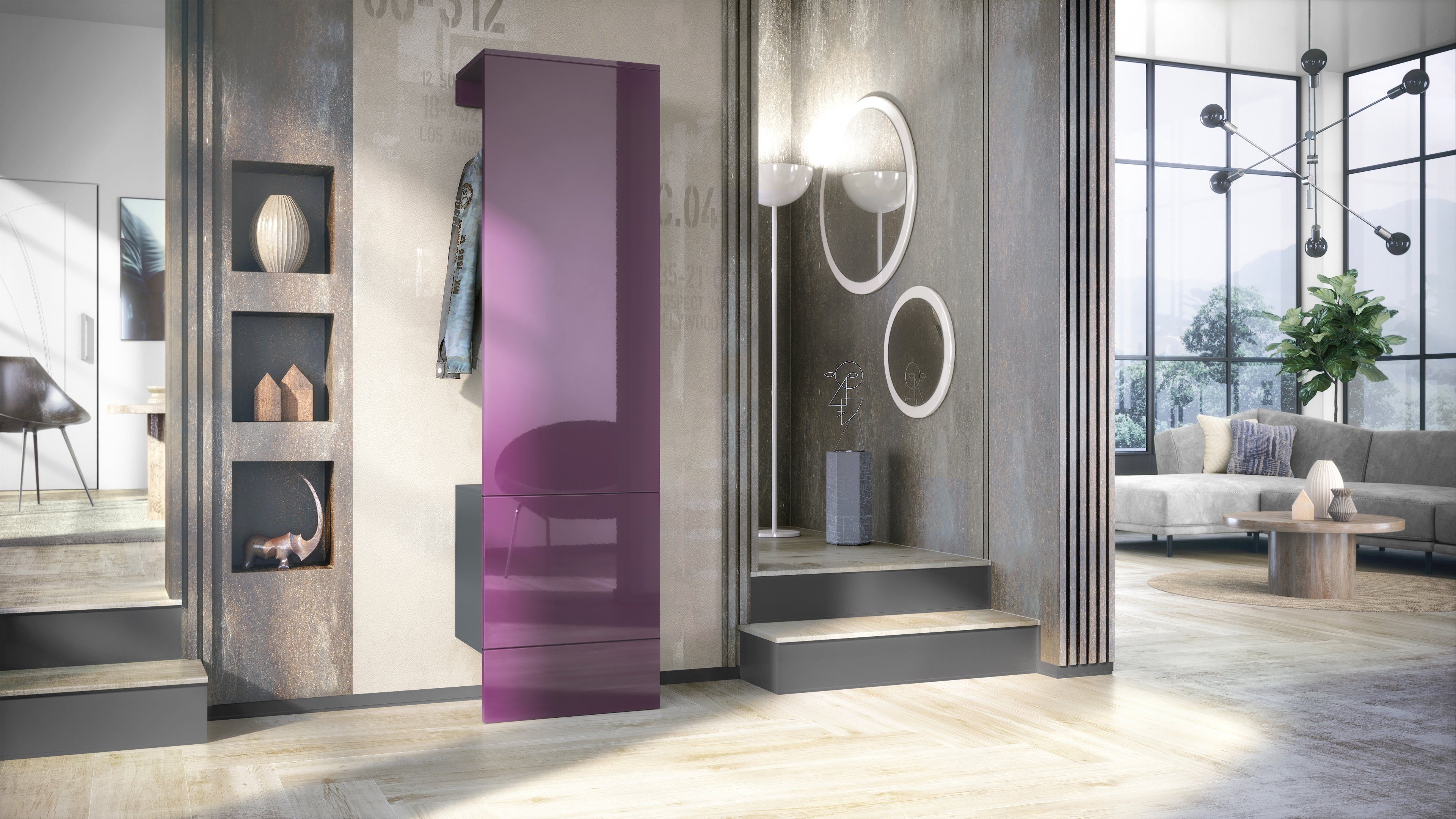 Vladon Garderoben-Set Carlton Set 5, (Wandgarderobe bestehend aus, mit integrierter Tür und 1 Kleiderstange), Anthrazit matt/Brombeer Hochglanz (52 x 193 x 35 cm)