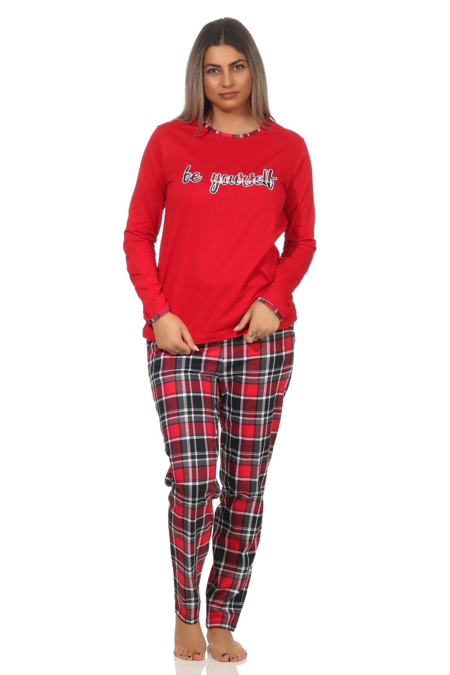 Normann Pyjama Damen Pyjama lang mit Karohose und Frontprint - auch in Übergrößen