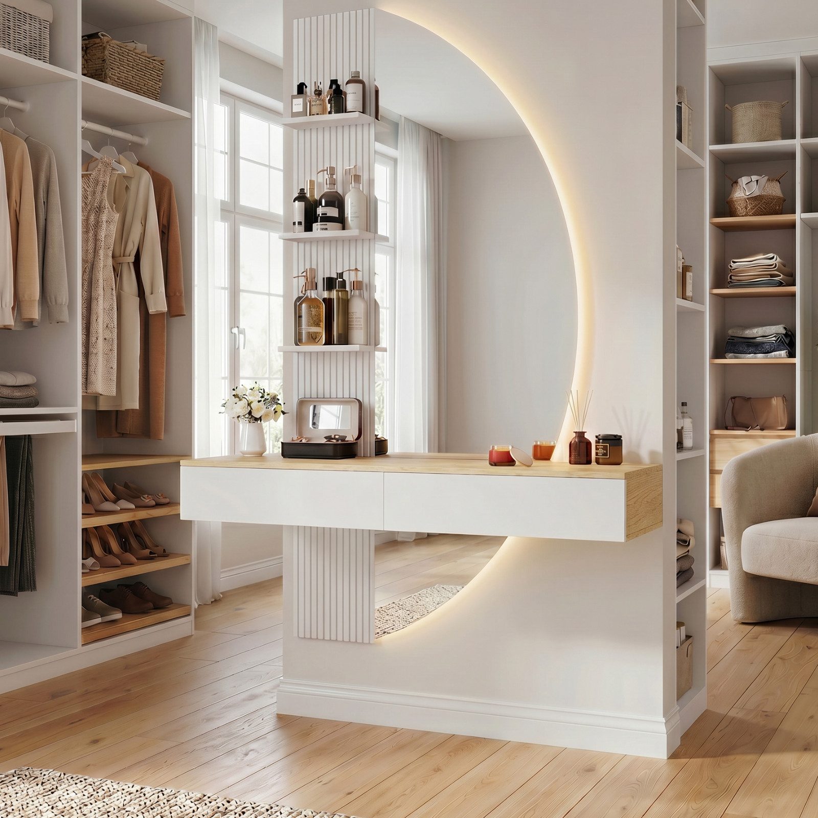 HOMALL Schminktisch Hängender Schminktisch mit LED-Beleuchtung (Maße: 106 × 40 × 143 cm, mit 3 offenen Ablagefächern, 2 Schubladen und drei einstellbaren Farbte – Bild 2 von 5