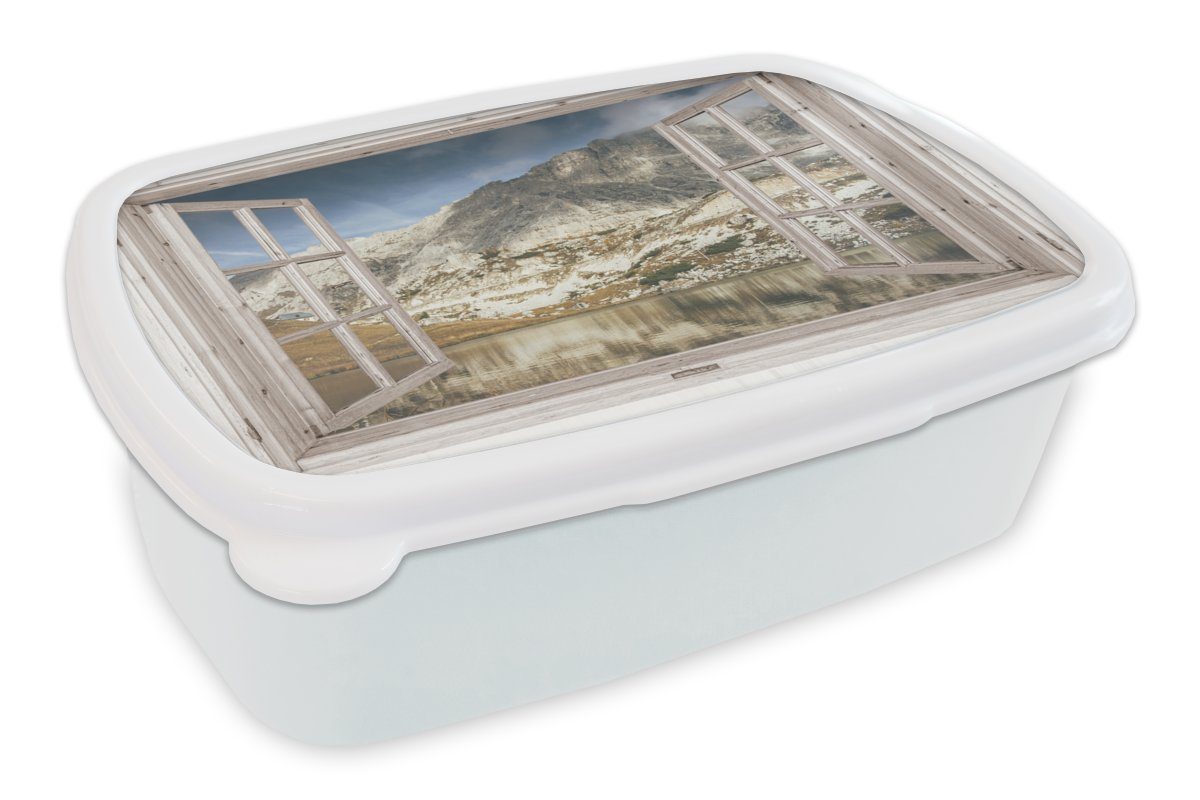 MuchoWow Lunchbox Aussicht - Wasser - Berge, Kunststoff, (2-tlg), Brotbox für Kinder und Erwachsene, Brotdose, für Jungs und Mädchen weiß