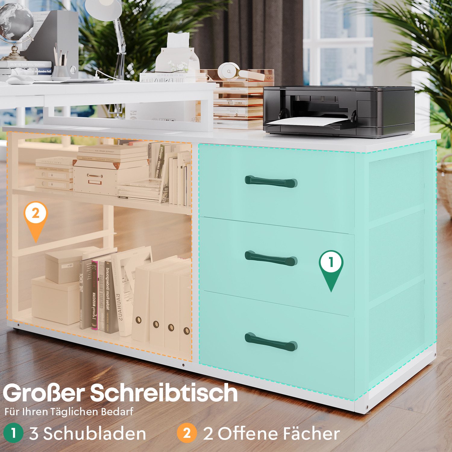 HOMALL Schreibtisch L-förmiger Eckschreibtisch mit USB-Anschluss und zwei Steckdosen. (Abmessungen: 140 x 105 x 75 cm, L-förmiger Schreibtisch Gamingtisch, umwa – Bild 4 von 5