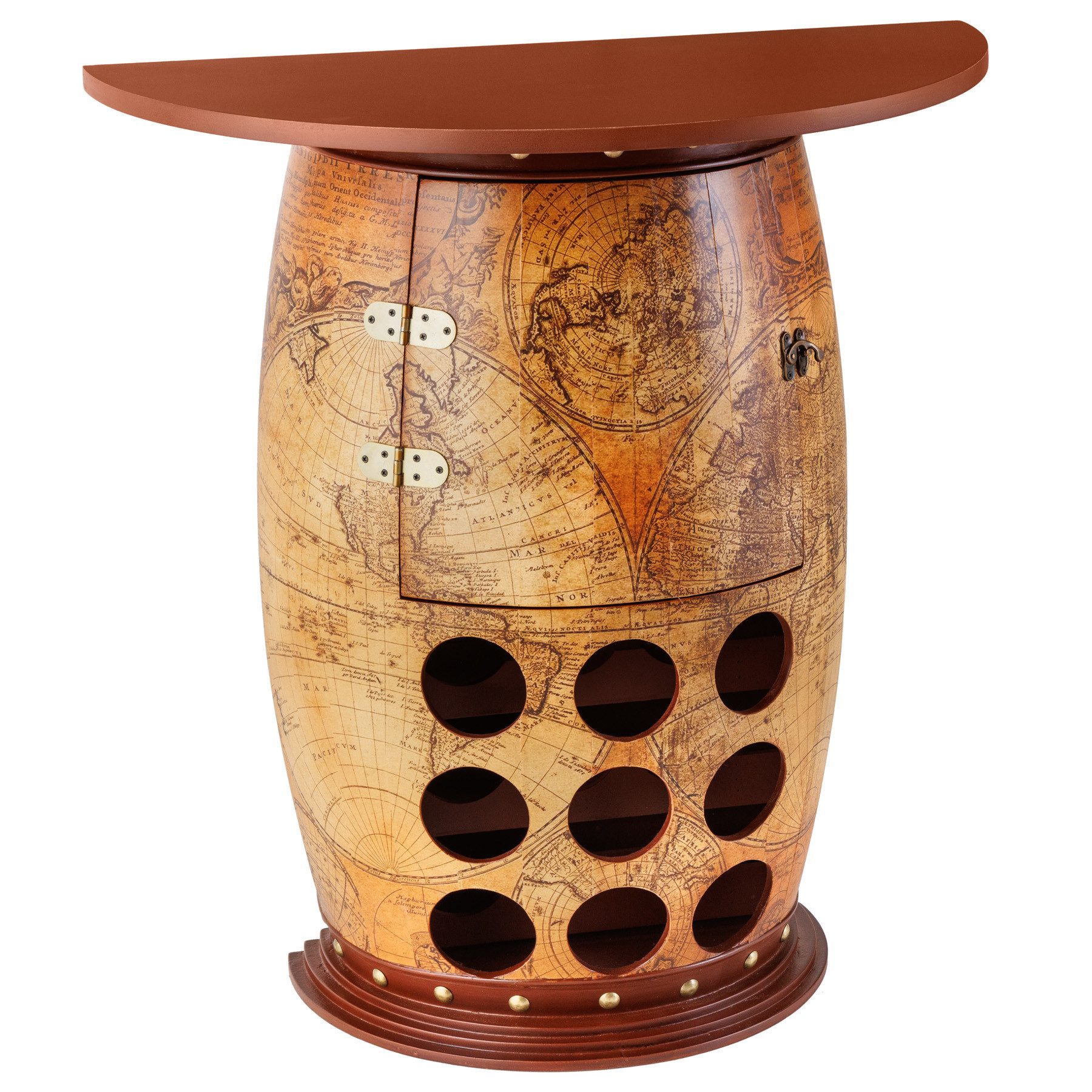 riess-ambiente Weinregal SEVEN SEAS 80cm natur / braun, Einzelartikel 1-tlg., Wohnzimmer · Massivholz · Barschrank · Fass · Weltkarte