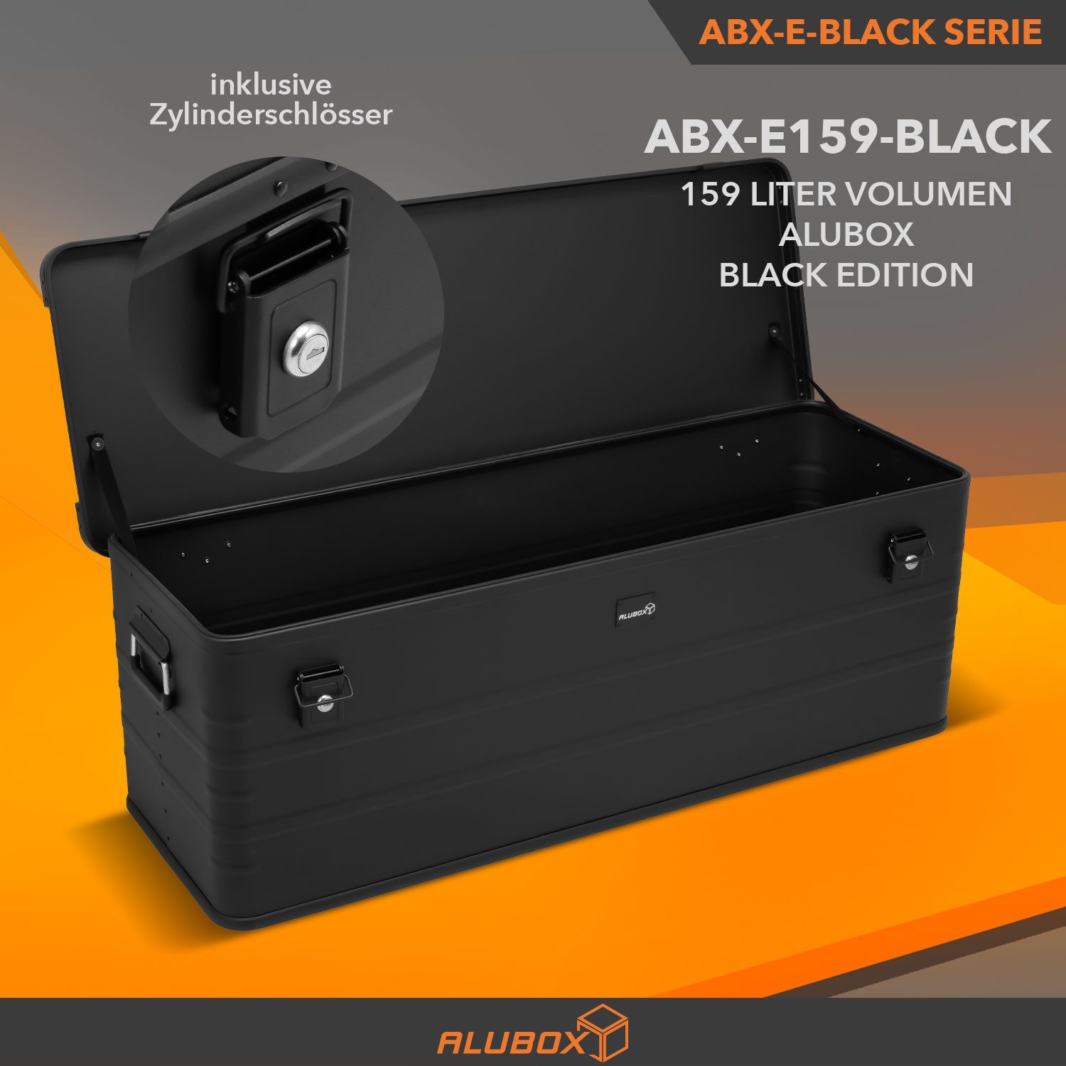 ALUBOX Aufbewahrungsbox Premium E159 Alukiste komplett schwarz 1 mm Wandstärke (159 Liter), leicht und stabil - umlaufende Gummidichtung - kratzfeste Beschichtung