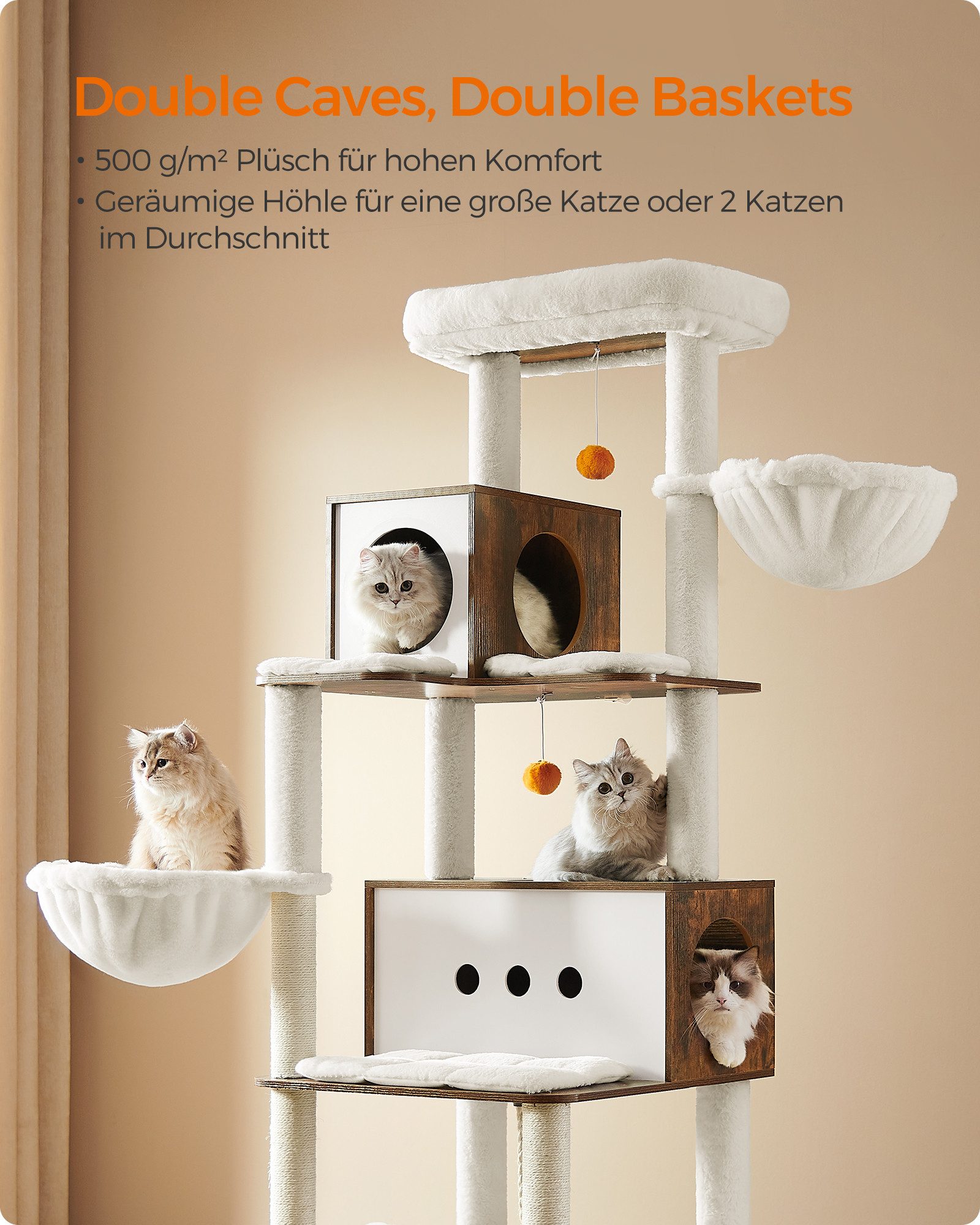FEANDREA Kratzbaum Katzenbaum, mehrstöckiges Katzenhaus, 192 cm, XXL, 2 Höhlen, 2 Liegemulden, 4 Kratzstämmen, Katzenbürste, Tunnel