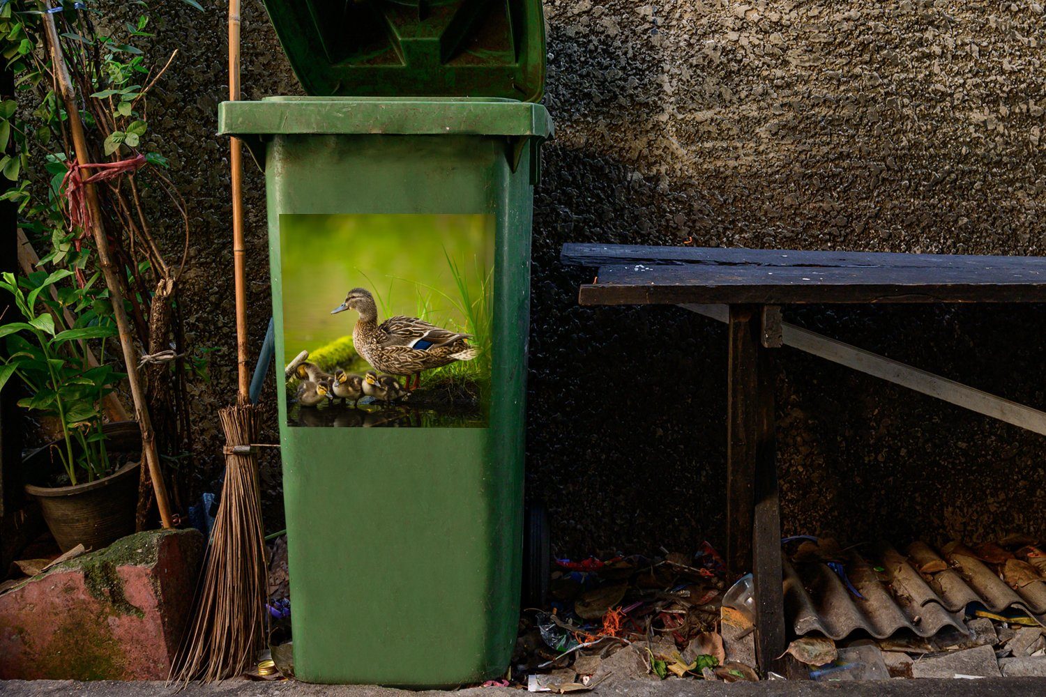- - Mülltonne, Vögel Container, Mülleimer-aufkleber, MuchoWow Wasser - Ente St), Wandsticker Moos Zweig (1 - Sticker, Abfalbehälter