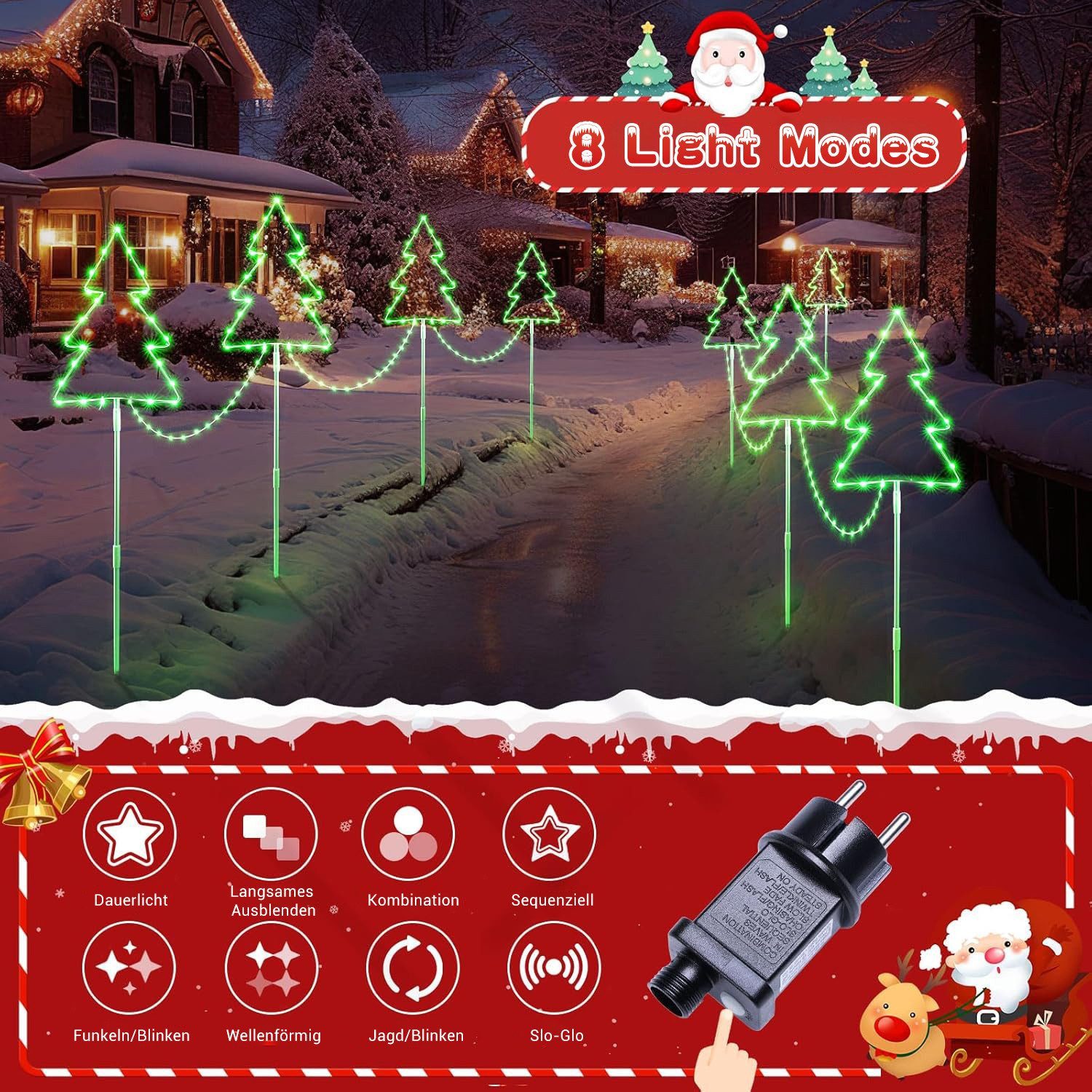 Quntis LED-Lichterkette Weihnachtsdeko Gartenstecker mit Timer, Weihnachtsbeleuchtung Garten, 4er Set Weihnachtsbäume mit stecker für Weihnachten Außen Wege Rasen