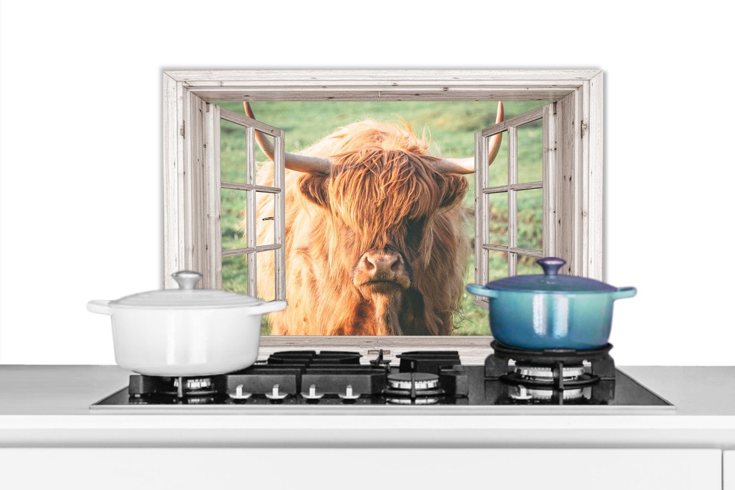MuchoWow Küchenrückwand Schottischer Highlander - Ansicht - Fenster - Tier, (1-tlg), 60x40 cm, Herdblende aus Wandschutz, Temperaturbeständig küchen